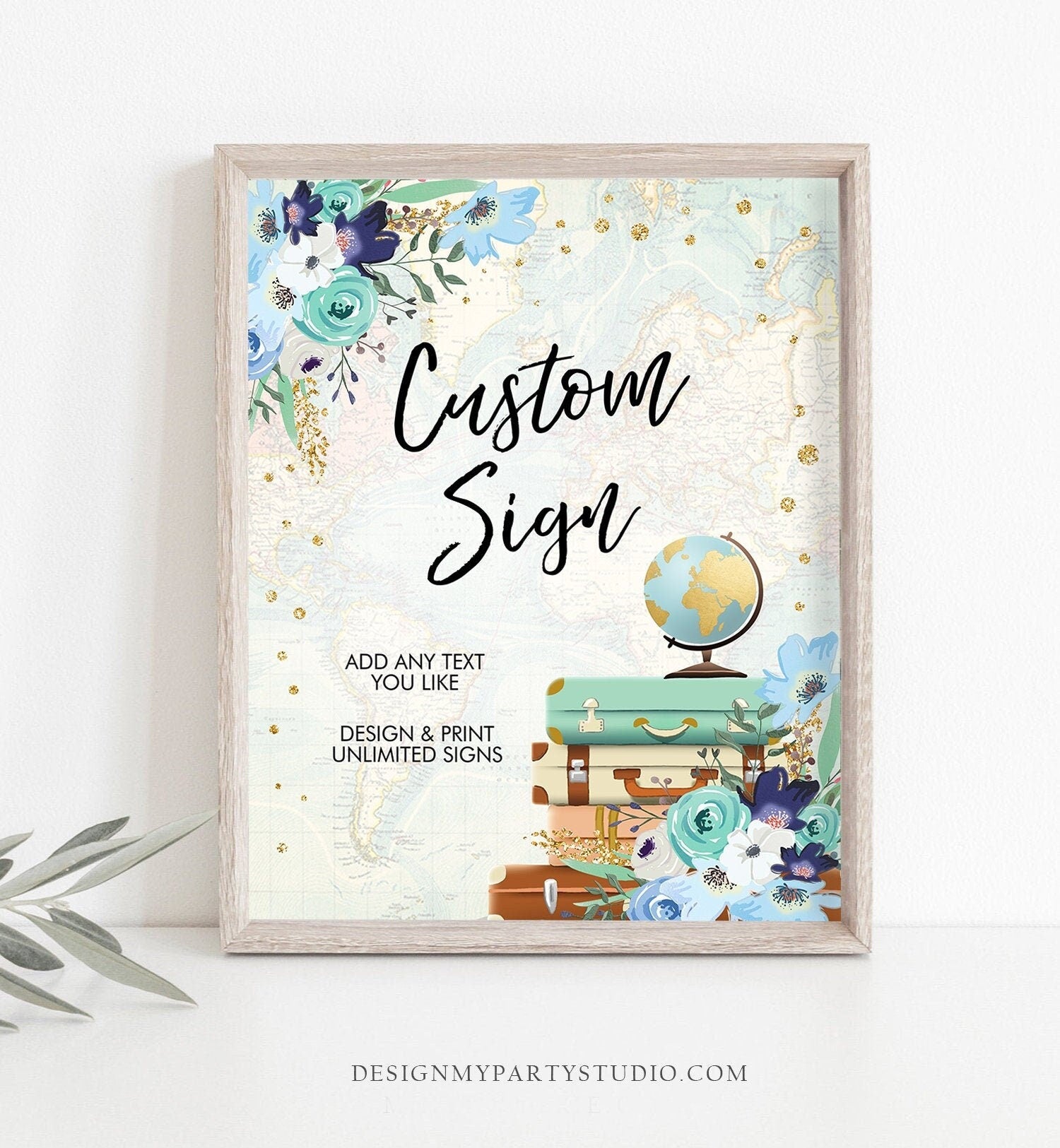Editable Custom Sign Floral Travel Adventure Bridal Shower Traveling to Mrs Flowers Blue Floral Gold Decor Digital Template Printable 0030
