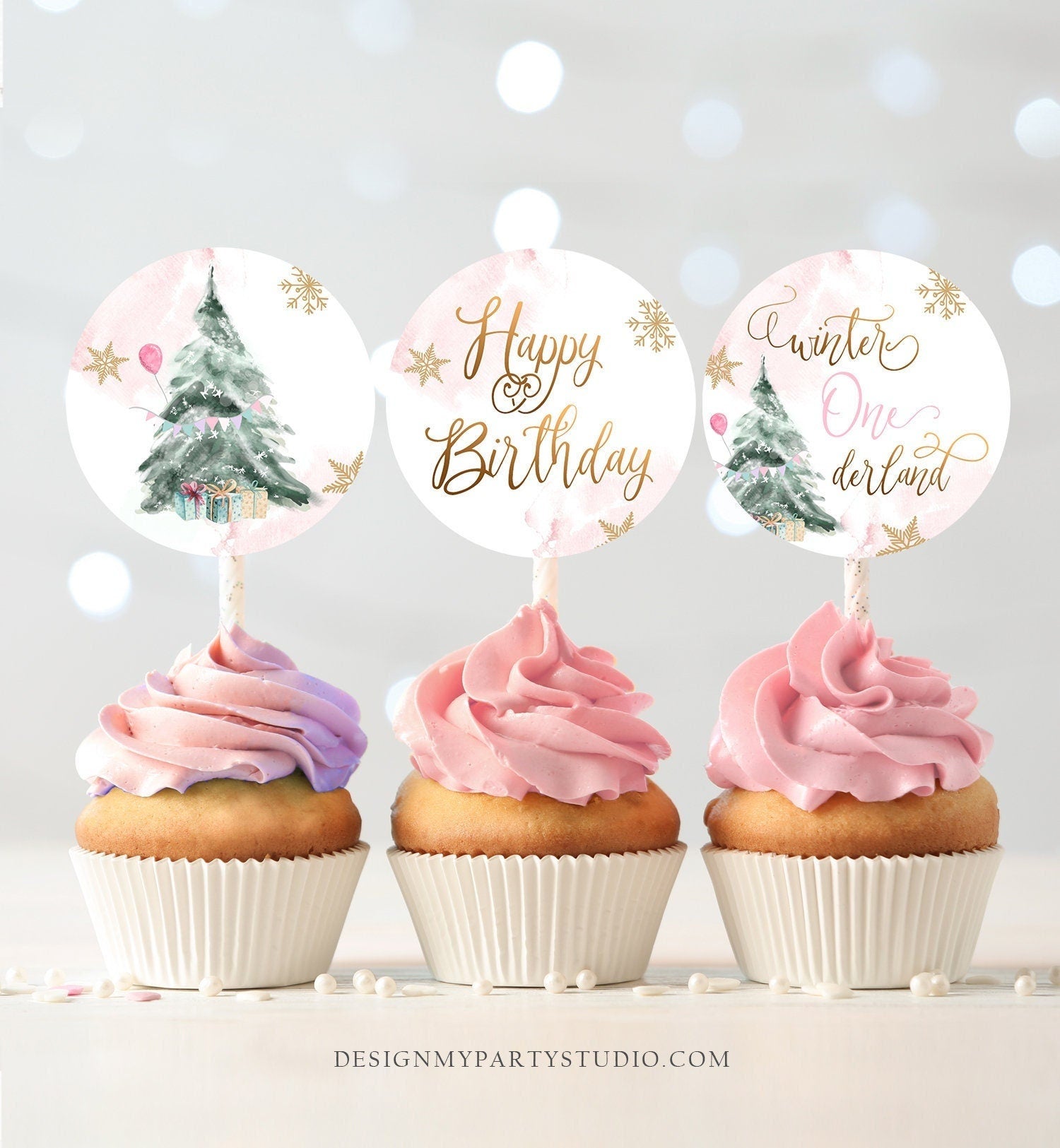 Winter ONEderland Cupcake Toppers Winter Tree Birthday Party Decorations Oh What Fun Gold Pink Stickers Tags Digital Download Printable 0363