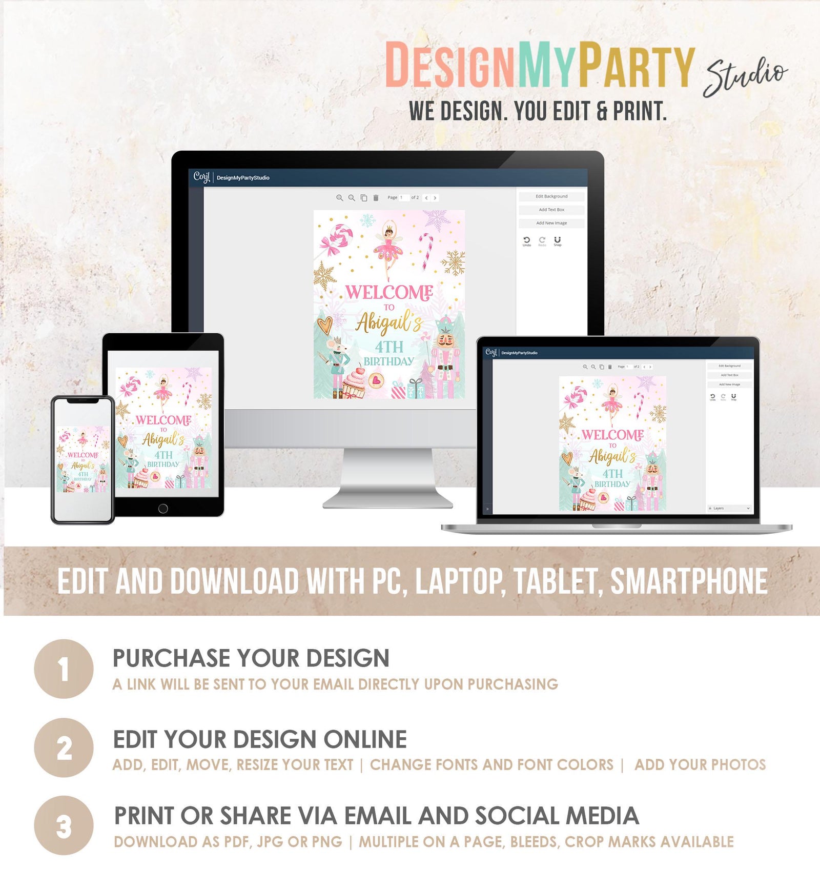 Editable Nutcracker Birthday Welcome Sign Winter Birthday Girl Land of Sweets Christmas Holiday Pink Gold Digital Template Printable 0352