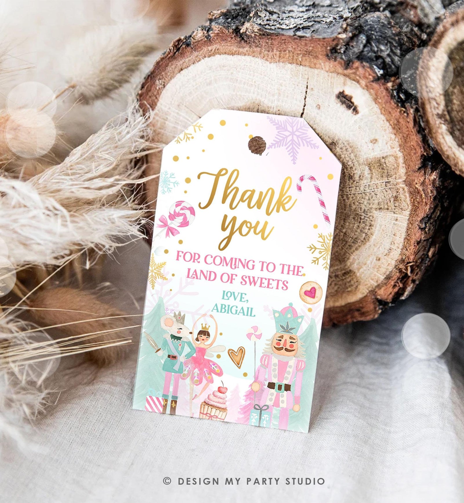 Editable Nutcracker Favor Tag Girl Birthday Land of Sweets Thank You Sugar Plum Fairy Christmas Winter Pink Digital Template Printable 0352