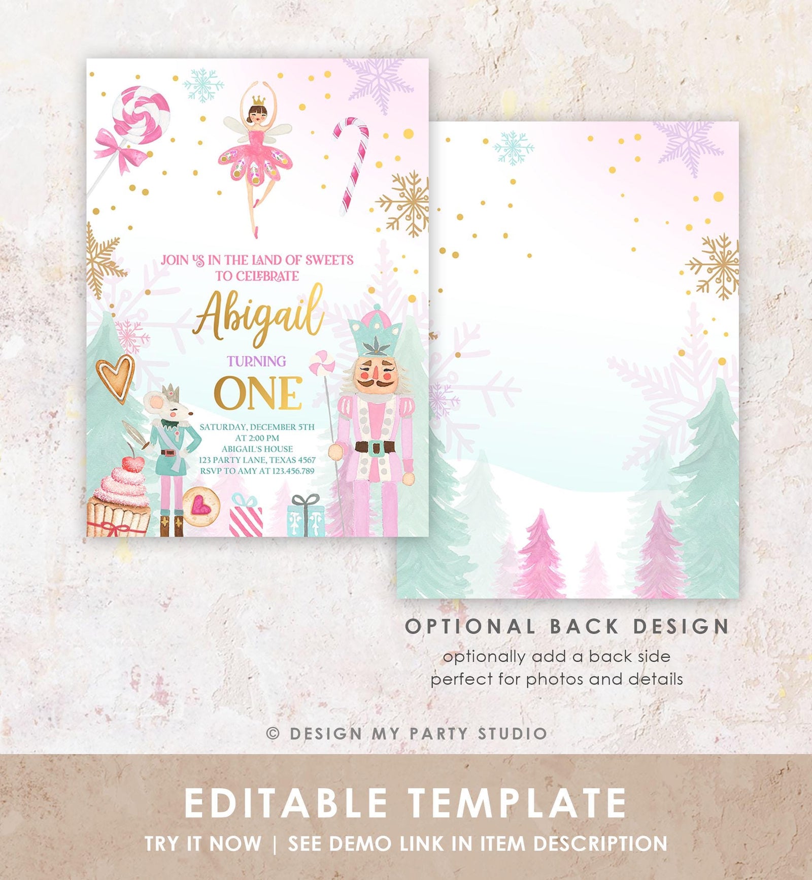 Editable Nutcracker Birthday Invitation Girl Land of Sweets Winter Pink Girl Sugar Plum Fairy Digital Download Evite Template Printable 0352