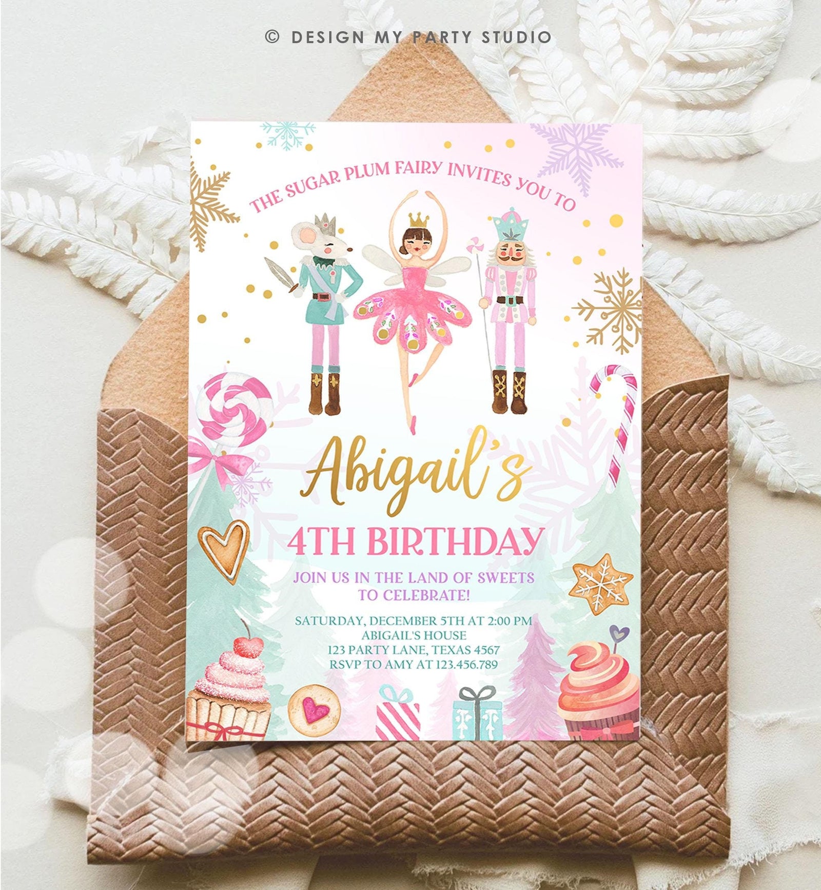 Editable Nutcracker Birthday Invitation Girl Land of Sweets Winter Gold Girl Sugar Plum Fairy Digital Download Evite Template Printable 0352