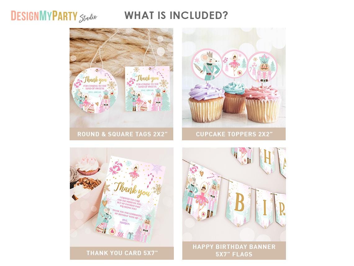 Editable Nutcracker Birthday Bundle Girl Land of Sweets Winter Pink Girl Sugar Plum Fairy Digital Download Template Printable 0352