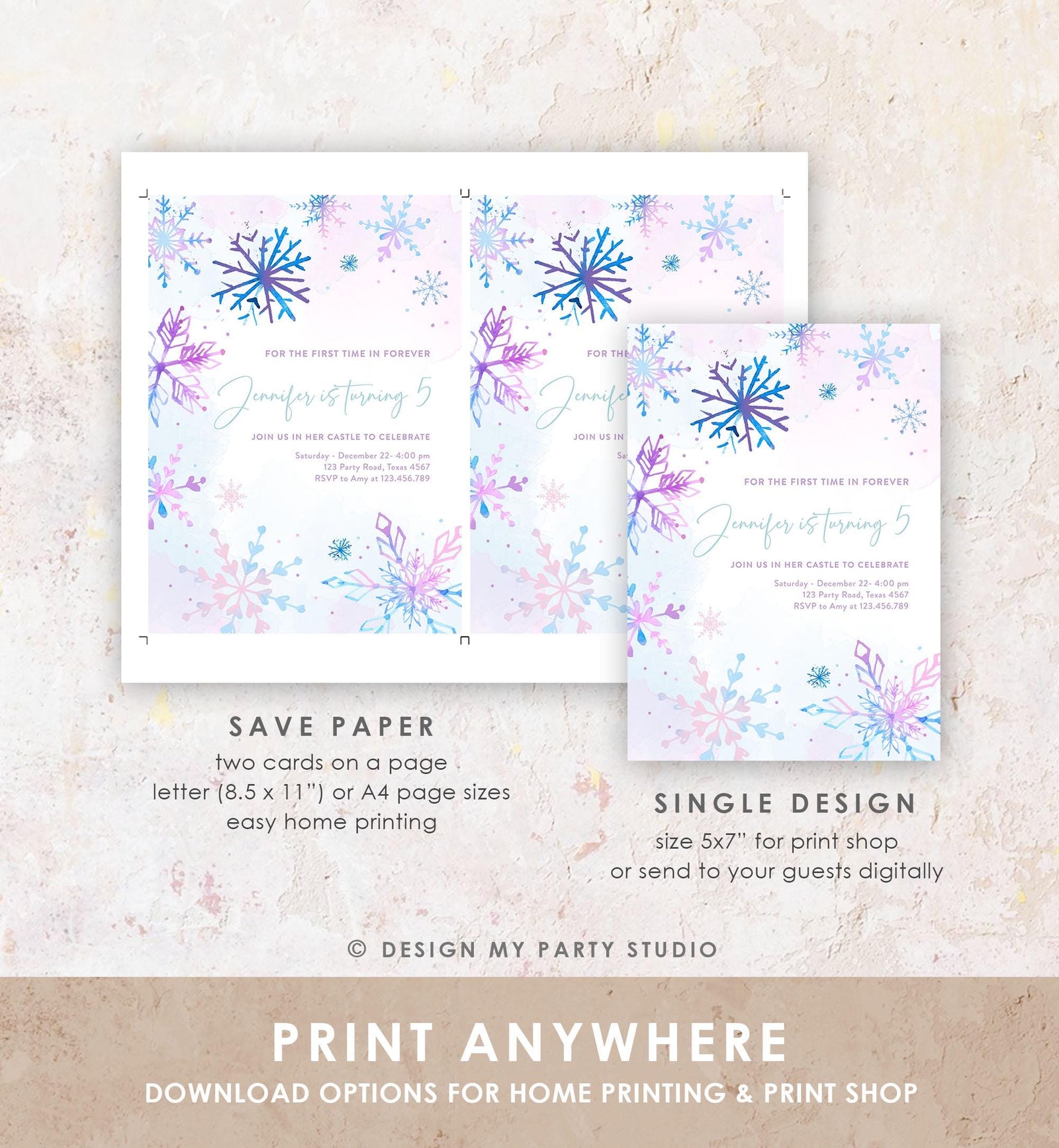 Editable Winter Birthday Invitation Winter Wonderland Onederland Princess First Birthday 1st Girl Pink Purple Snowflake Template Evite 0518