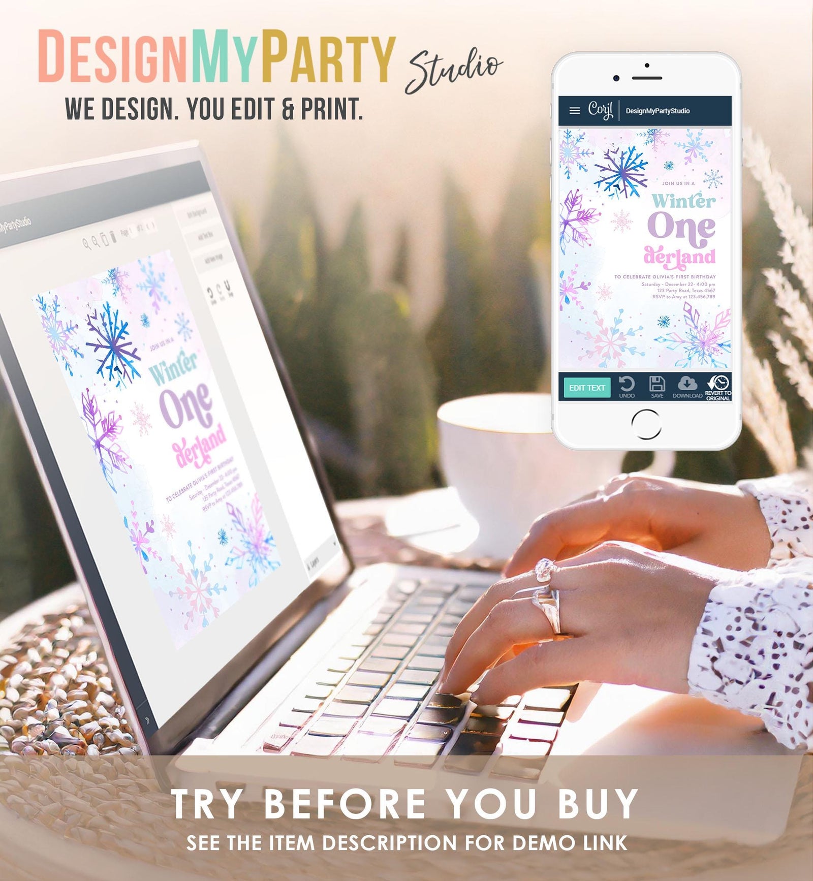 Editable Winter ONEderland Birthday Invitation First Birthday 1st Girl Pink Purple Snowflake Princess Castle Digital Template Evite 0518