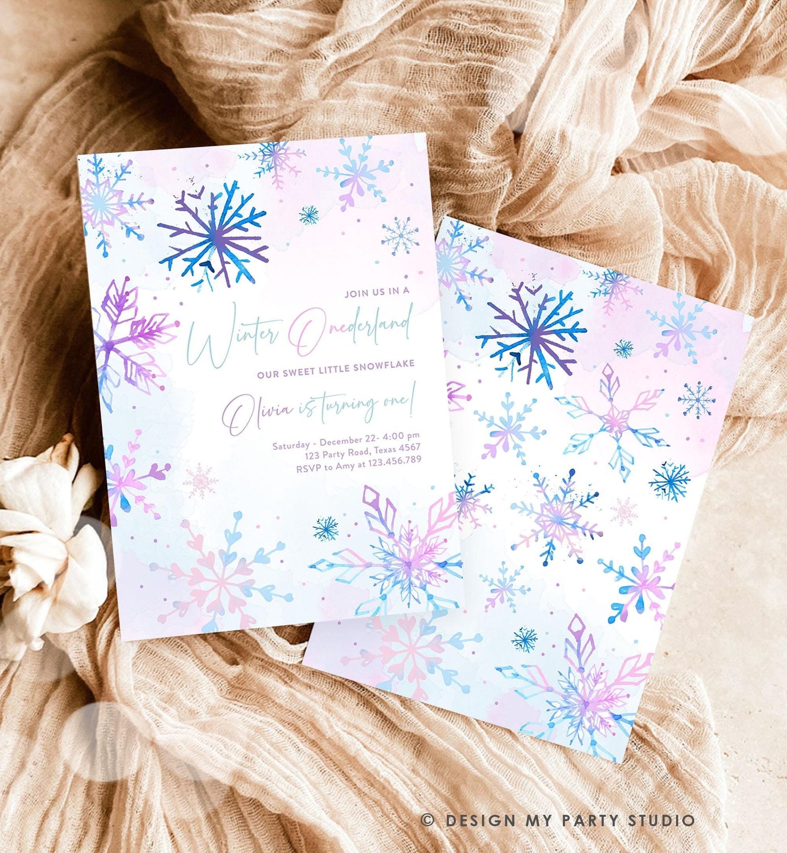 Editable Winter ONEderland Birthday Invitation First Birthday 1st Girl Pink Purple Snowflake Princess Castle Digital Template Evite 0518