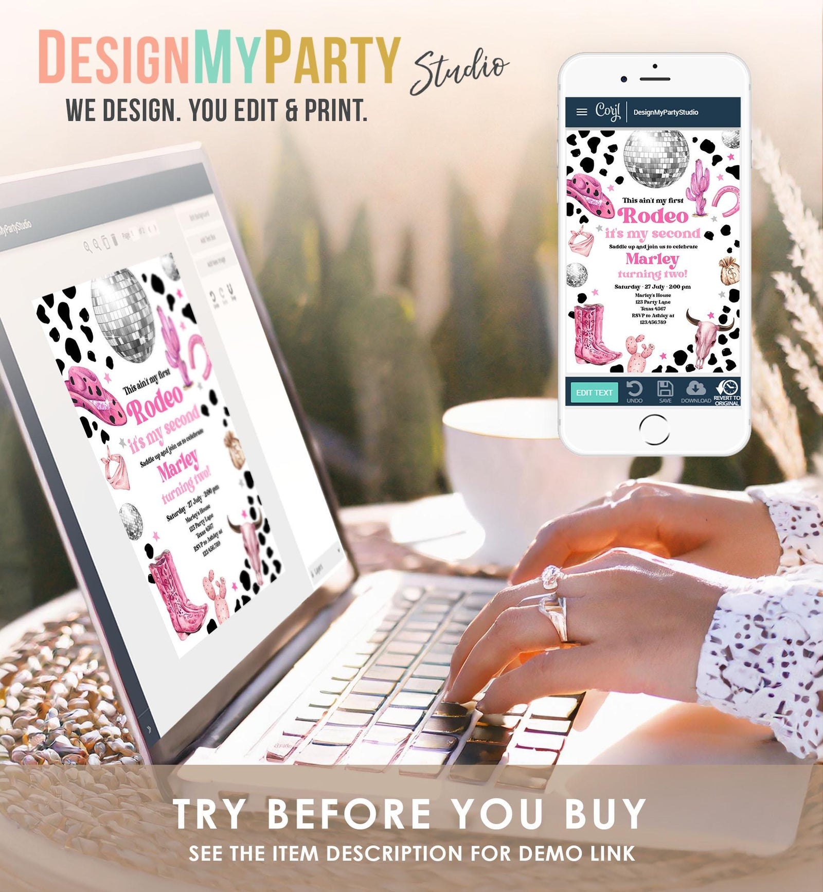 Editable Second Rodeo Birthday Invitation Space Cowgirl Disco 2nd Rodeo Pink Girl Cowgirl Ranch Party Download Printable Template Evite 0455