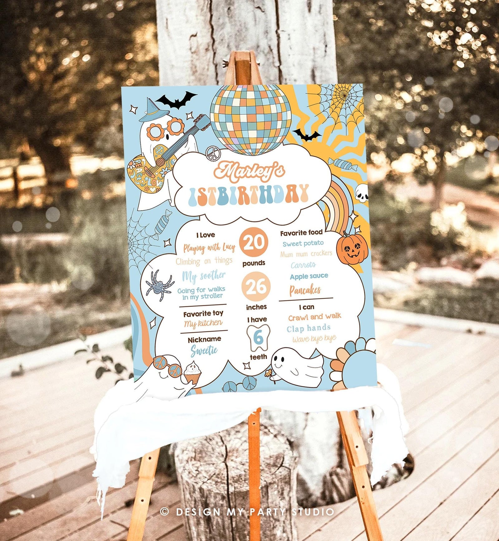 Editable Groovy Retro Halloween Birthday Milestones Sign Boy Rainbow Spooky Flower Power 70's Sun 1st Party Digital Template Printable 0471