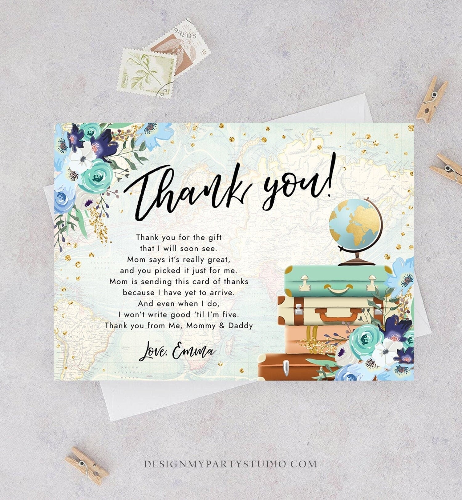 Editable Travel Thank You Card Bridal Shower Thank You Note Adventure Birthday Baby Shower Suitcases Blue Floral Map Template Printable 0030