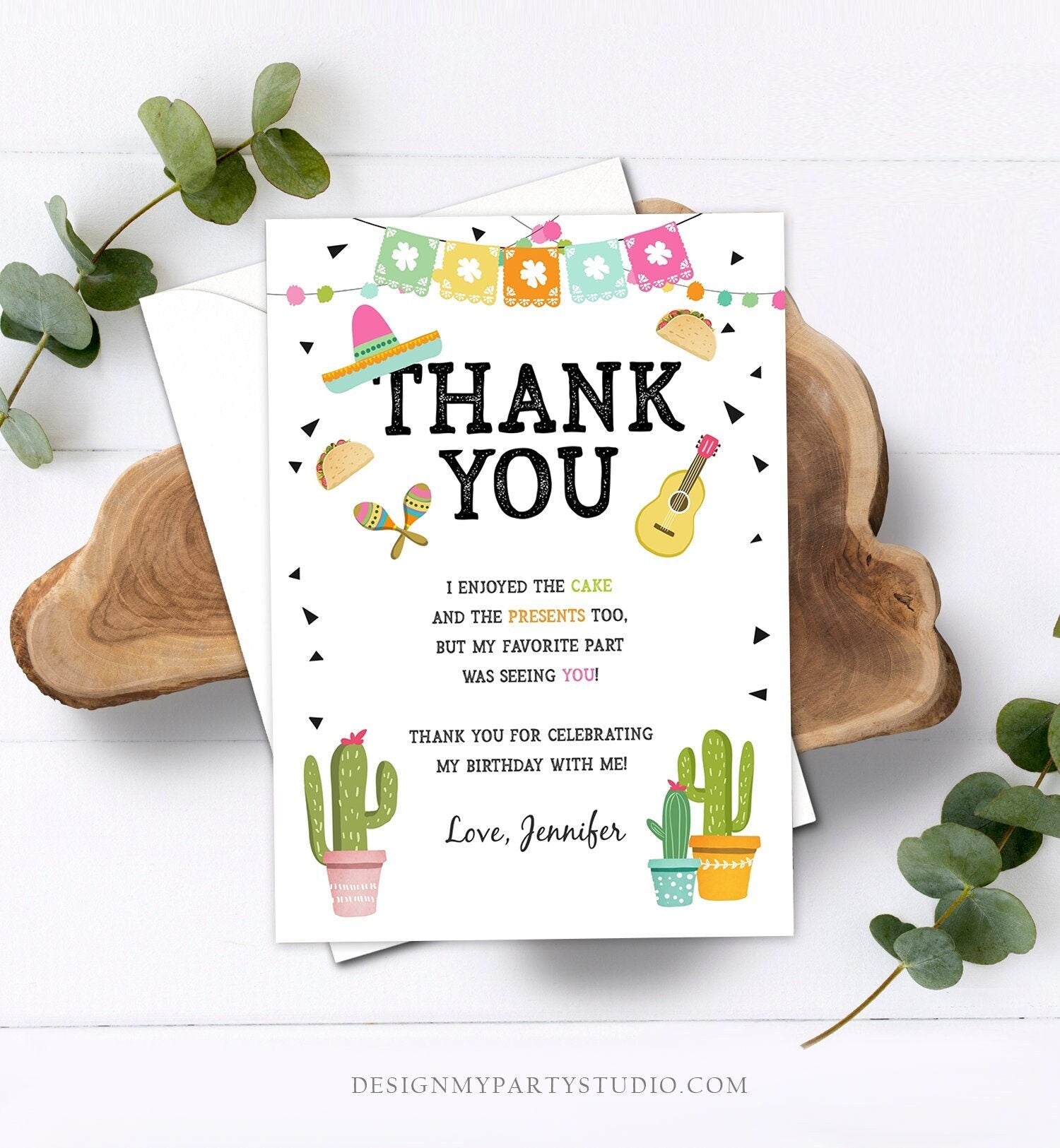 Editable Taco Fiesta Thank You Card Birthday Party Baby Bridal Shower Cactus Succulent Mexican Green Pink Digital Template Printable 0161