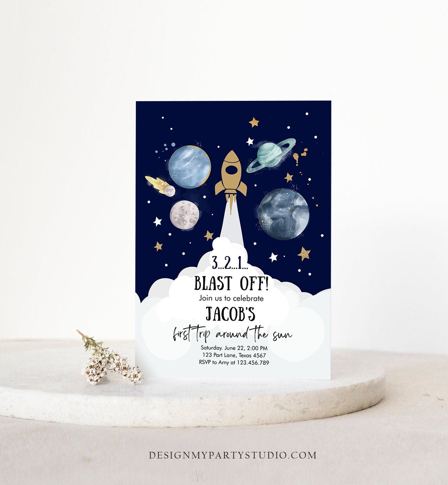 Editable Outer Space First Birthday Invitation Galaxy Blast Off First Trip Around the Sun Digital Download Evite Template Printable 0357
