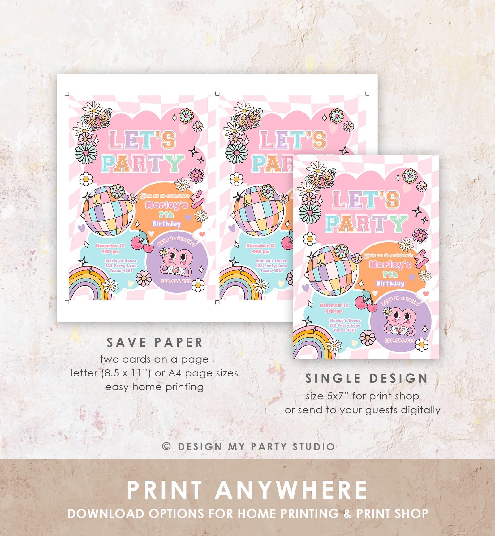 Editable Preppy Birthday Party Invitation Let's Party Birthday Varsity Fashion Tween Disco Teen Party Download Template Evite Digital 0524