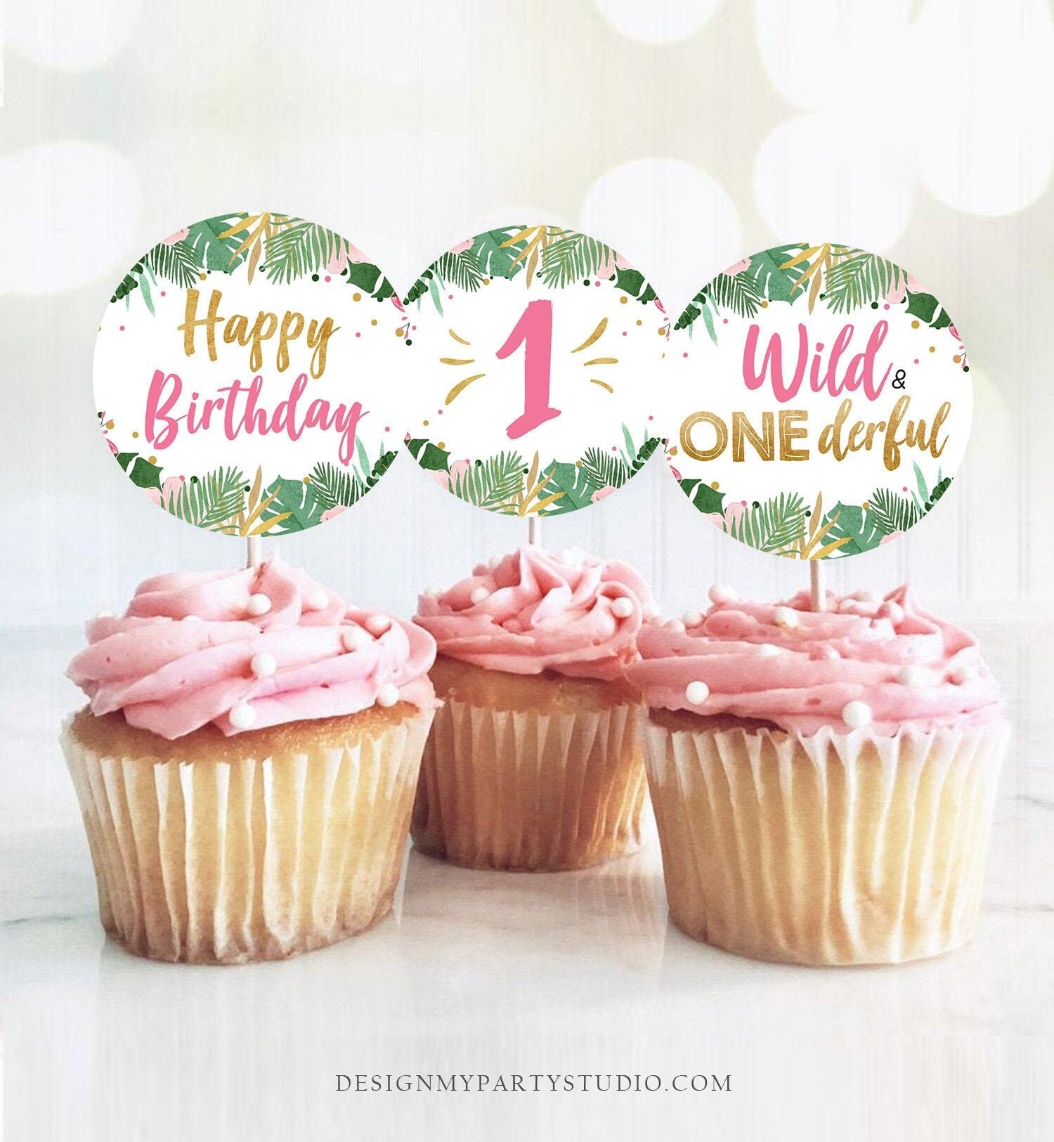 Wild and Onederful Cupcake Toppers Favor Tags Safari Party Decoration Girl First Birthday Wild One Pink Gold Digital Download Printable 0332