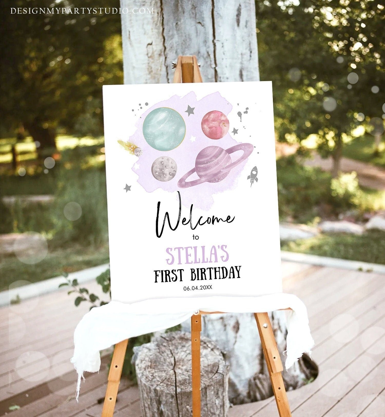 Editable Outer Space Birthday Welcome Sign 1st Birthday Girl Purple Silver Galaxy Planets Around the Sun Digital Template Printable 0357