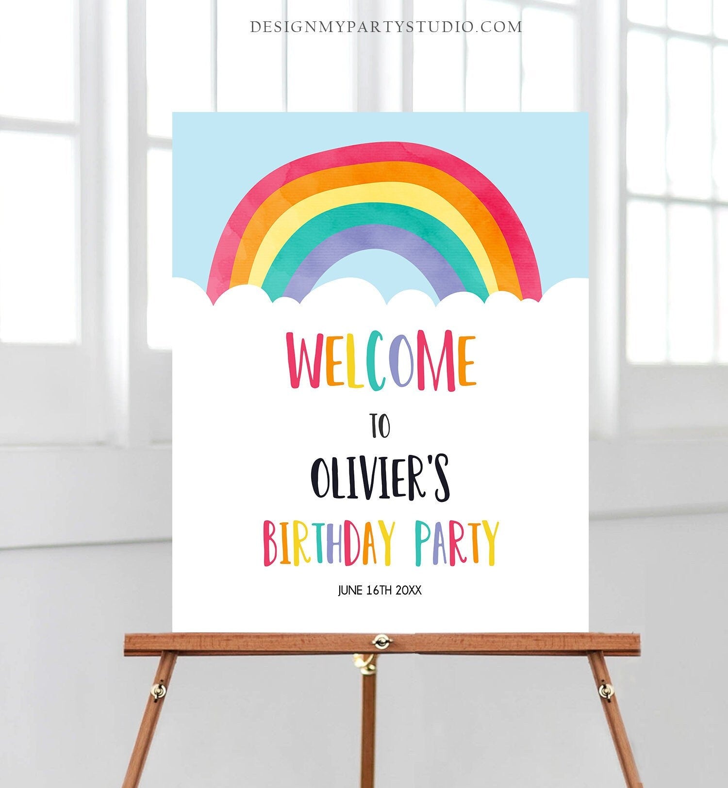 Editable Rainbow Welcome Sign Rainbow Birthday Party Sign Colorful Rainbow Fun Clouds Blue Boy Watercolor Digital Template Printable 0272