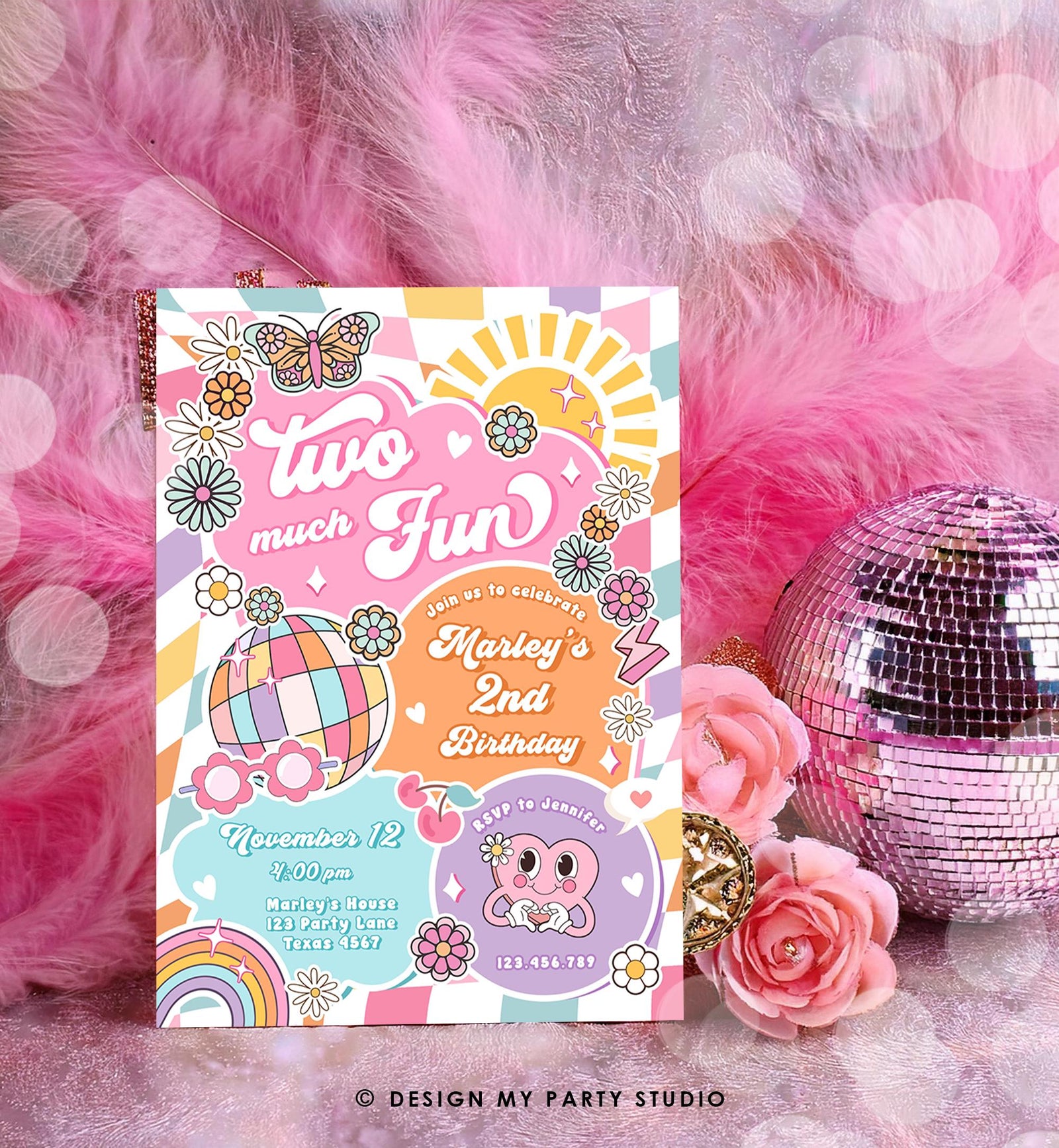 Editable Two Much Fun 2nd Birthday Party Invitation Groovy Hippie Peace Sunshine Preppy Varsity Disco Digital Evite Template Printable 0524