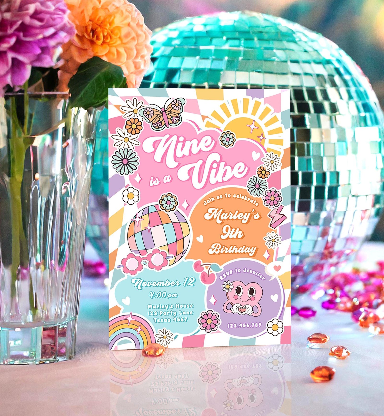 Editable Nine is a Vibe Groovy 9th Birthday Party Invitation Groovy Hippie Peace Preppy Varsity Disco Digital Evite Template Printable 0524