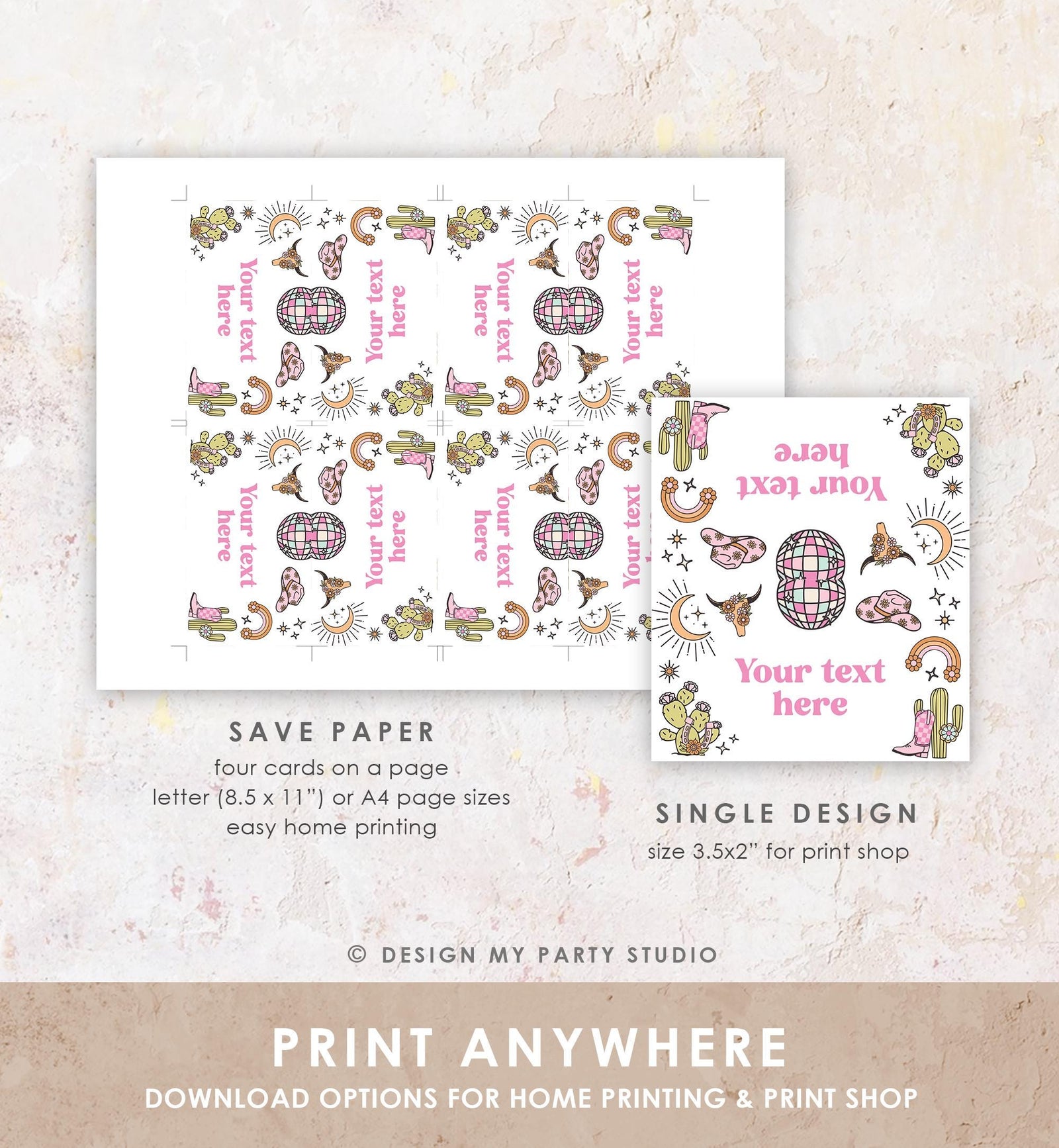 Editable Retro Cowgirl Food Labels Disco Birthday Food Card Tent Girl Pink Nashville Rodeo Buffet Label Digital Template Printable 0519