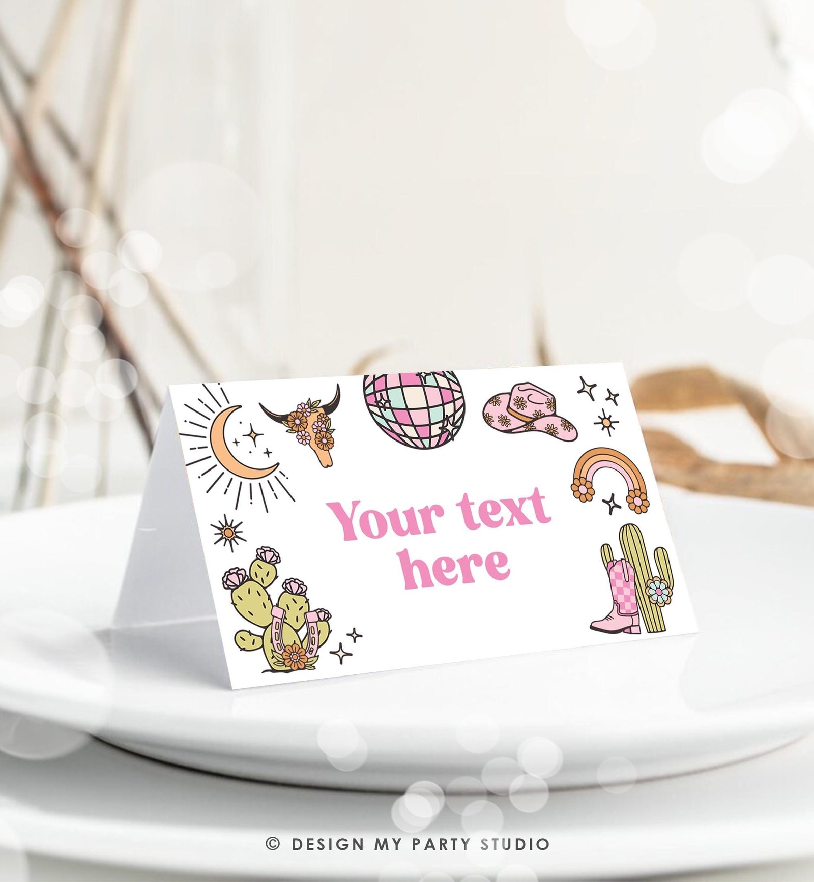 Editable Retro Cowgirl Food Labels Disco Birthday Food Card Tent Girl Pink Nashville Rodeo Buffet Label Digital Template Printable 0519