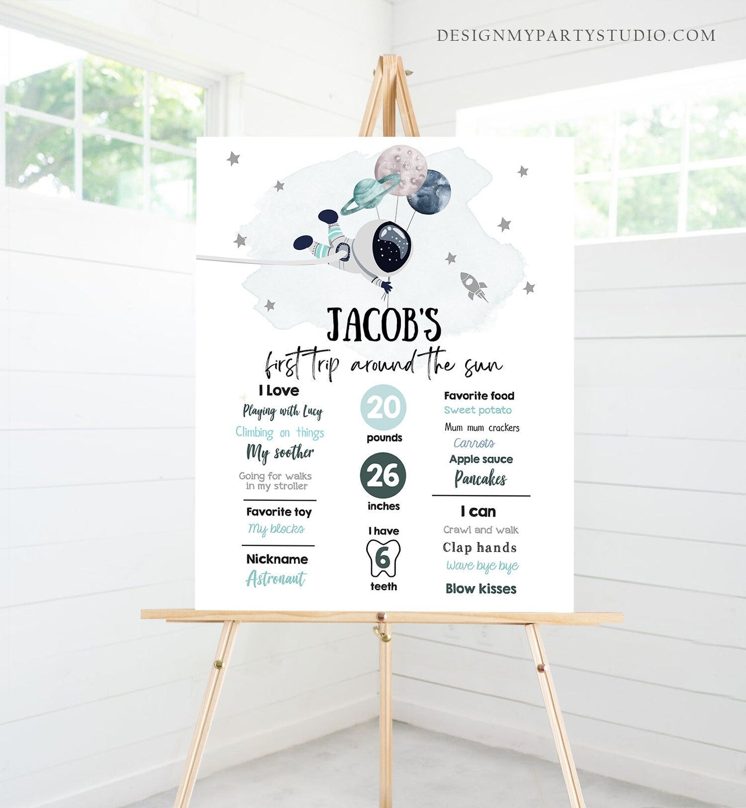 Editable Outer Space Birthday Milestones Sign Trip Around the Sun Boy 1st Birthday Astronaut Galaxy Planets Digital Template Printable 0366