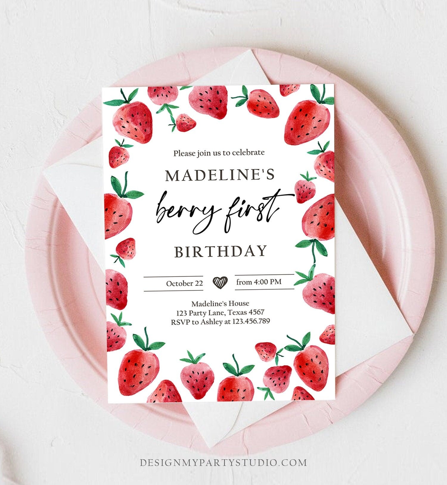 Editable Strawberry Birthday Invitation First Birthday Berry Sweet Girl Cute Strawberries 1st Digital Download Template Printable 0399