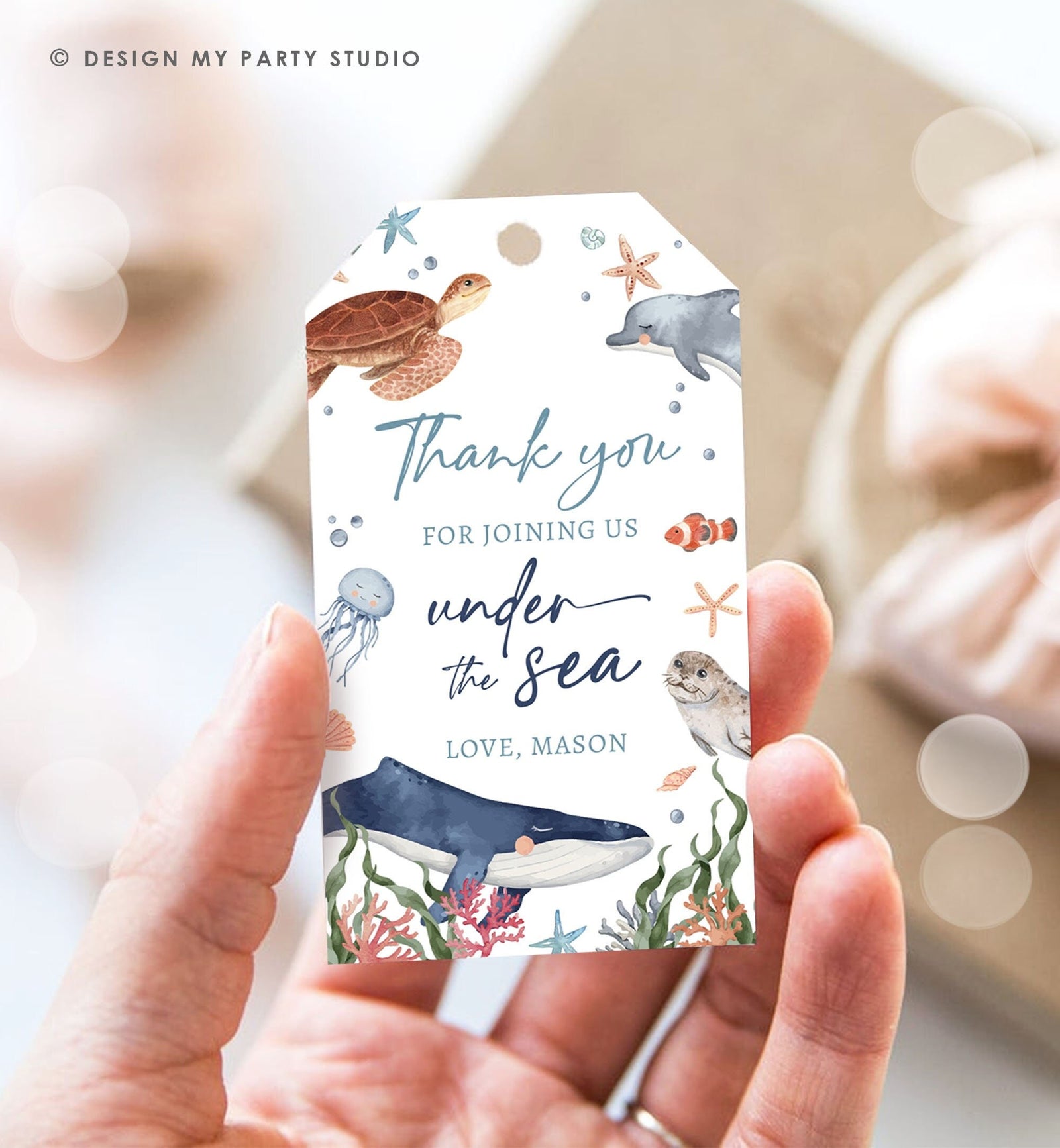 Editable Under the Sea Favor Tag Nautical Birthday Sea Life Ocean Animals Whale Dolphin Turtle Jellyfish Download Template Printable 0504