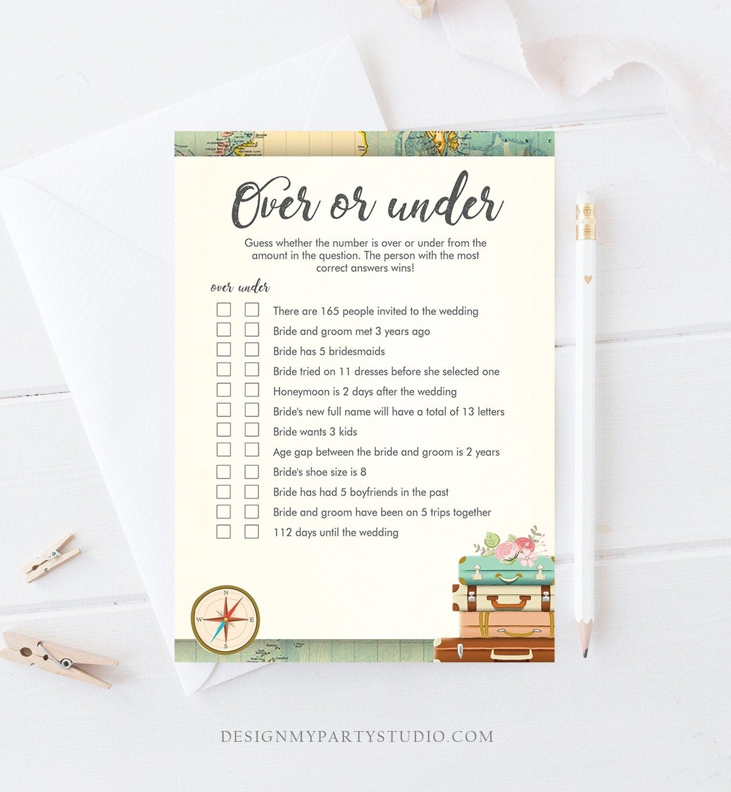 Editable Over or Under Bridal Shower Game Travel More or Less Guess Wedding Shower Activity Vintage Map Digital Template Printable 0044