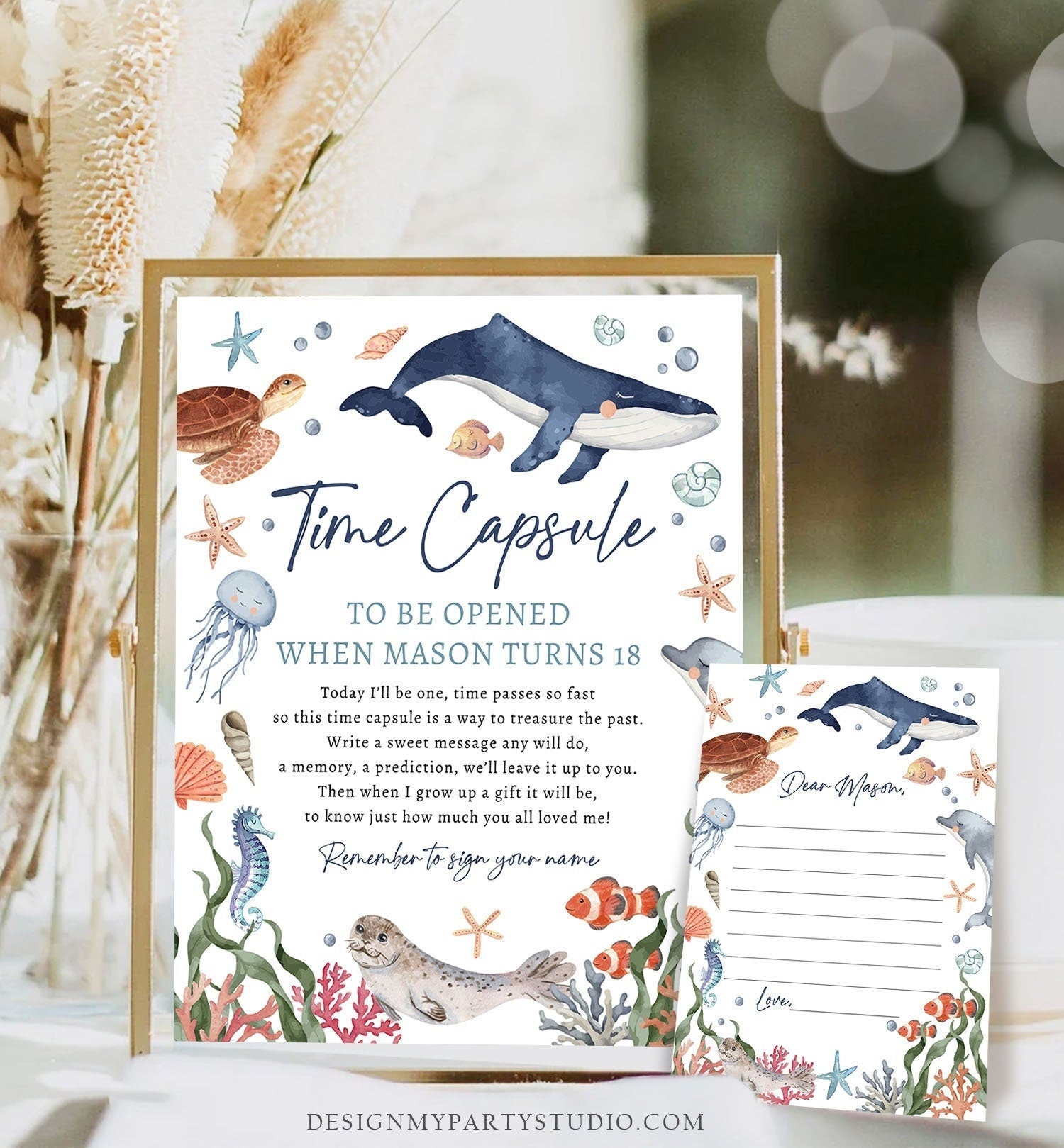 Editable Under the Sea Time Capsule Nautical Party Sea Ocean Like Animals Whale Turtle Dolphin Guestbook Digital Template Printable 0504