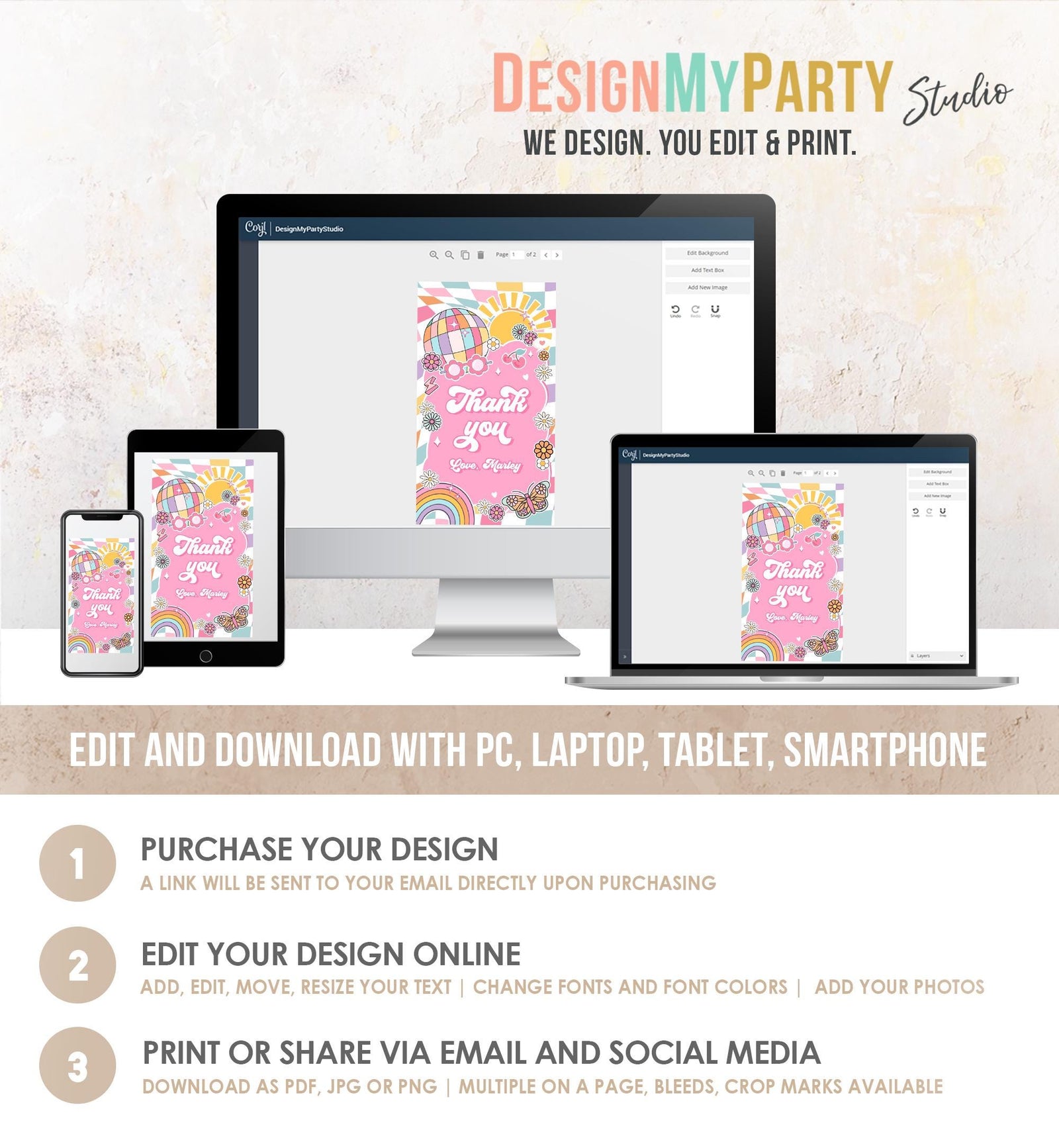Editable Groovy Favor Tag Baby Shower Birthday Thank You Tag Girl Retro 70's Party Peace Flower Power Hippie Digital Template Printable 0524