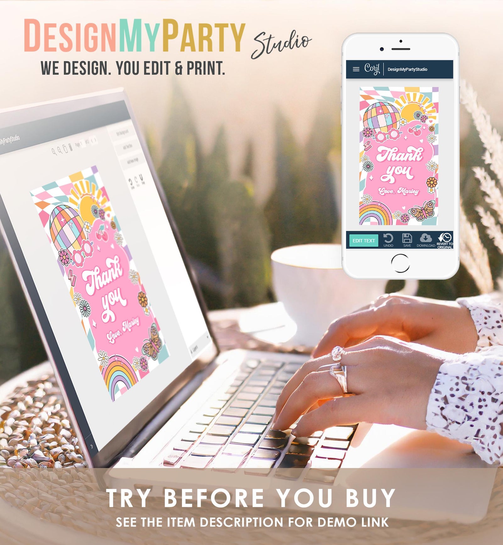 Editable Groovy Favor Tag Baby Shower Birthday Thank You Tag Girl Retro 70's Party Peace Flower Power Hippie Digital Template Printable 0524