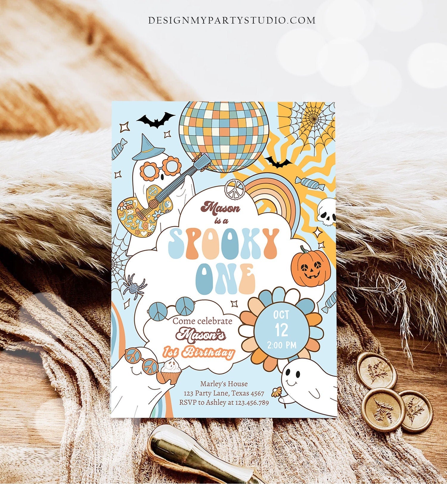 Editable Groovy Halloween 1st Birthday Invitation Spooky One Invite Boy Blue Ghost Party Spooktacular Download Template Printable 0471 0009