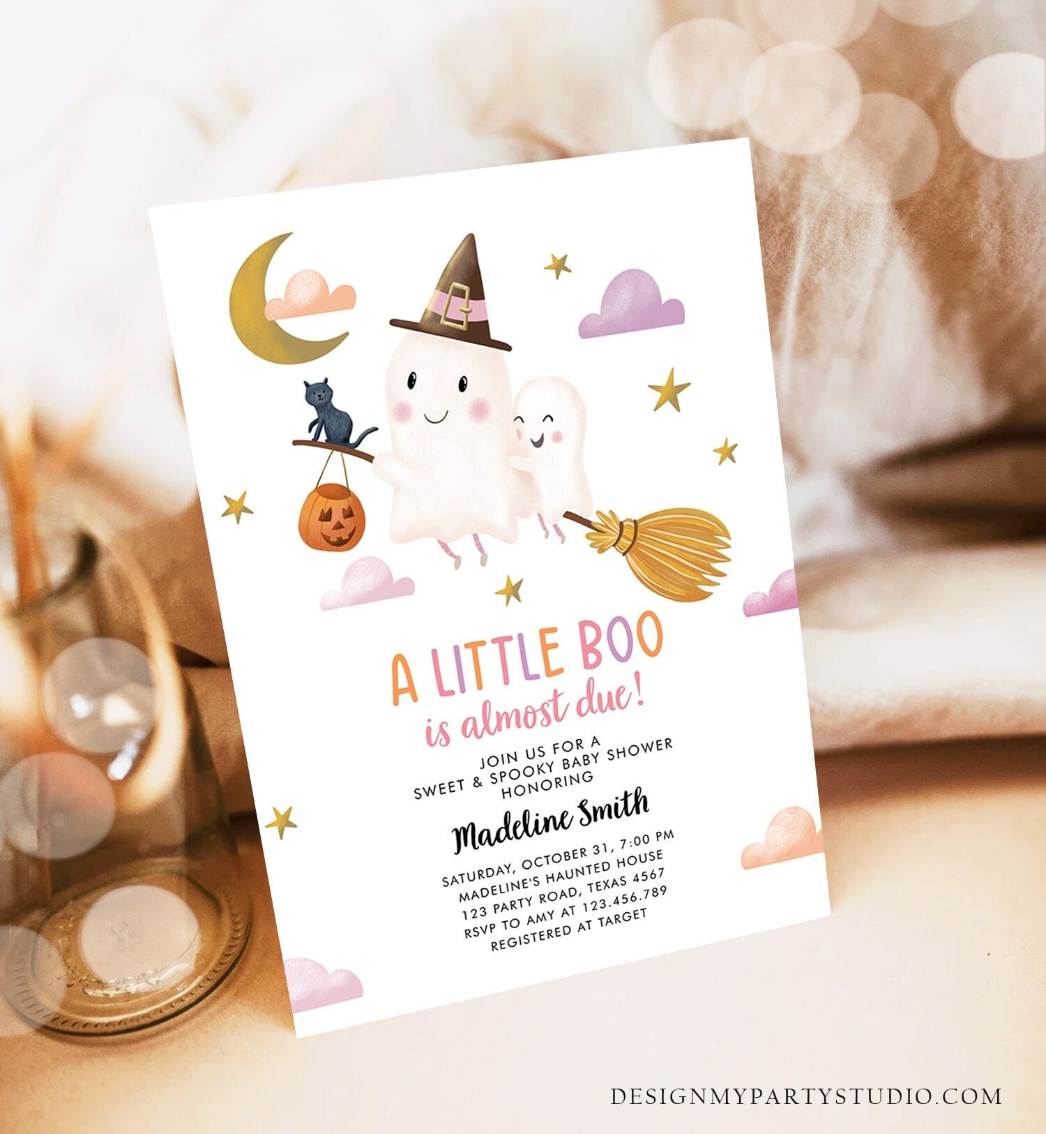 Editable Little Boo Baby Shower Invitation Cute Halloween Baby Boo Almost Due Couples Shower Pink Ghost Girl Template Printable 0479 0009
