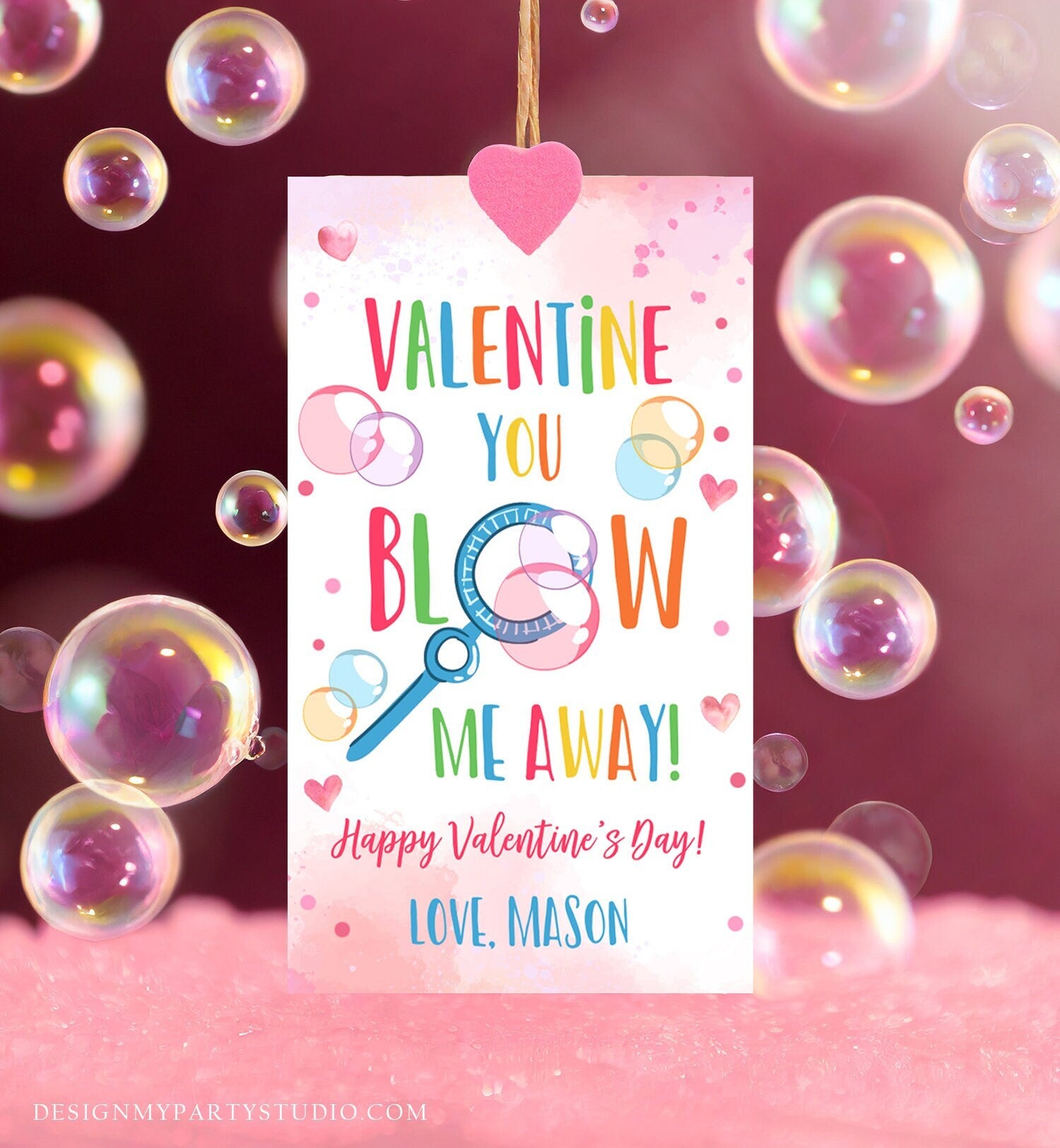 Editable Valentine You Blow Me Away Favor Tag Thank You Blowing Bubbles Soap Valentine's Day Tag School Digital Template Printable 0370