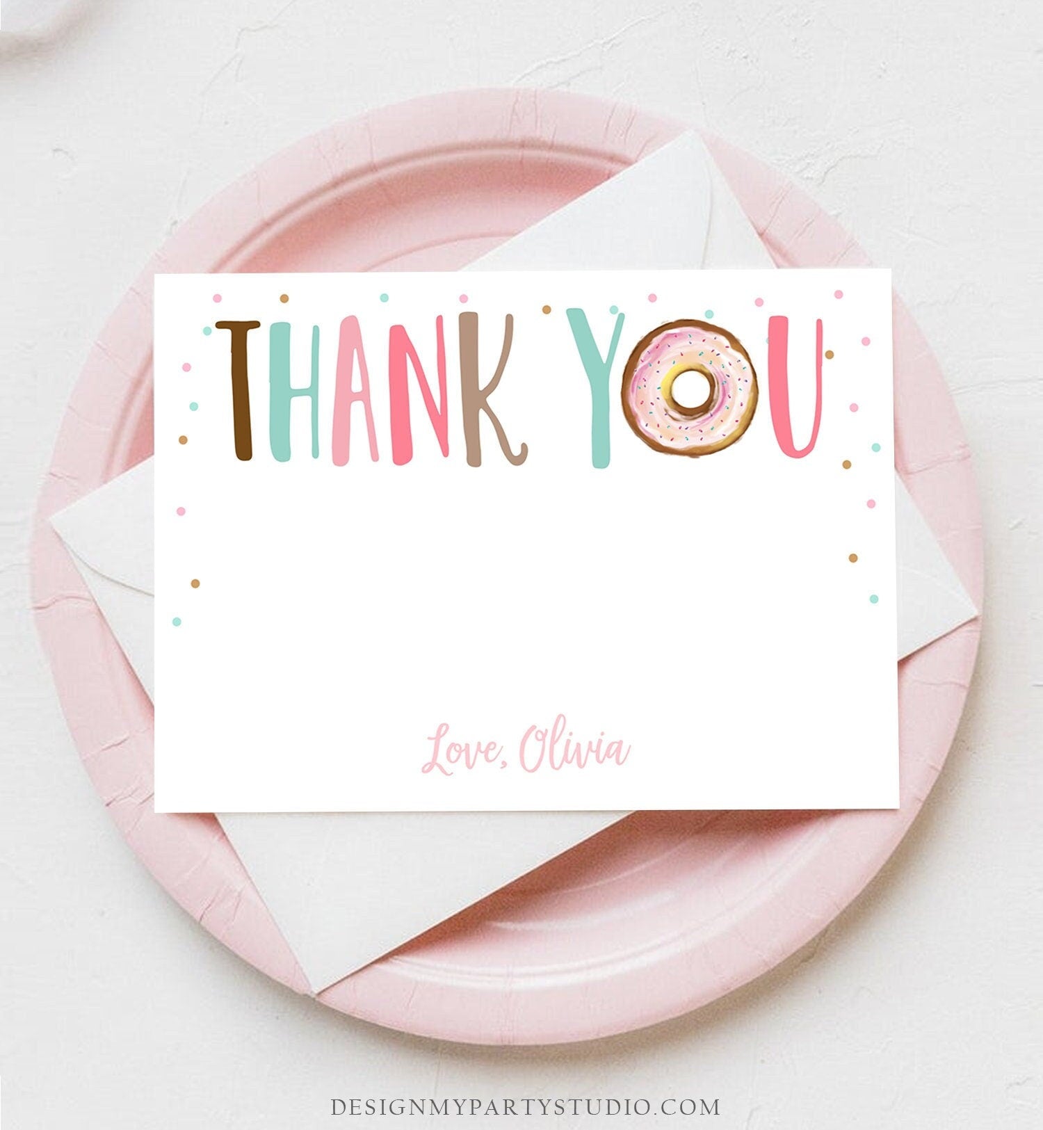 Editable Donut Thank You Card Note Pink Girl Birthday Party Doughnut Thank You Two Sweet One Baby Shower Digital Template Printable 0368