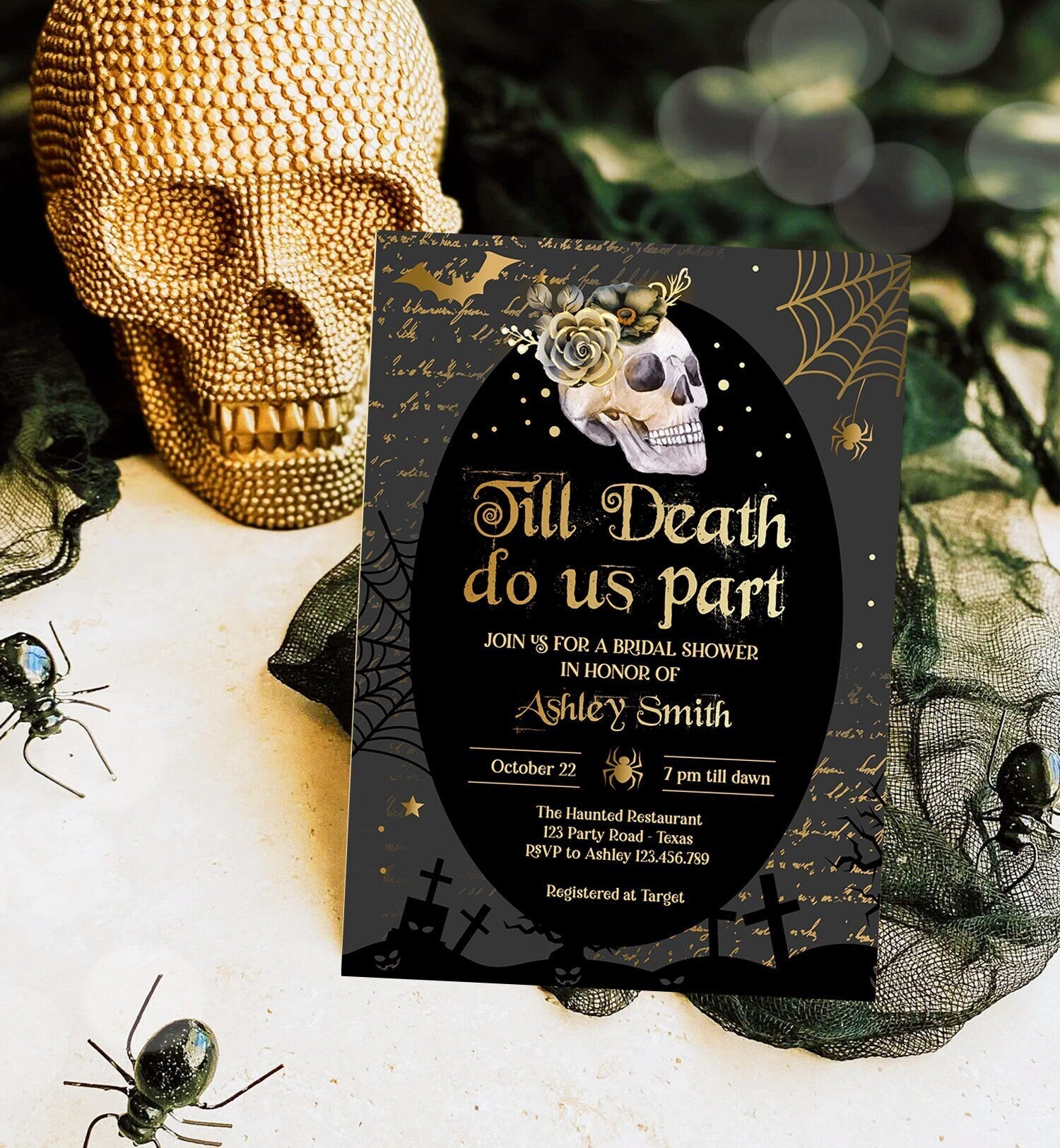 Editable Halloween Bridal Shower Invitation Till Death Do Us Part Gothic Bridal Shower Skull Skeleton Digital Template Printable 0472 0009