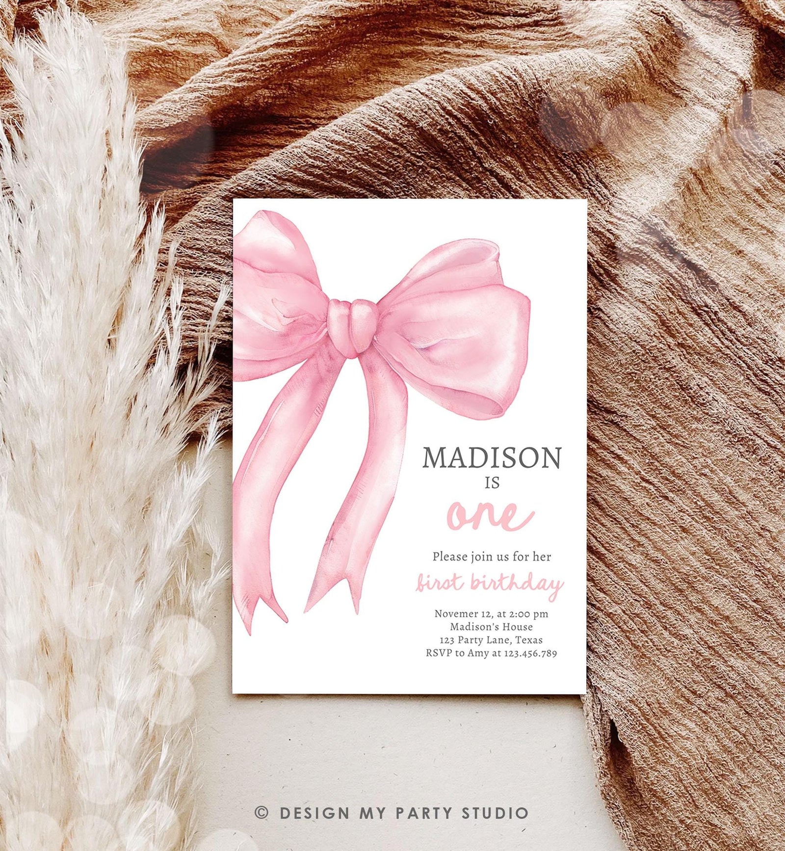 Editable Pink Bow 1st Birthday Invitation First Birthday Pink Coquette Bow Girl Wanna Be One Bow Invite Evite Template Digital Download 0527