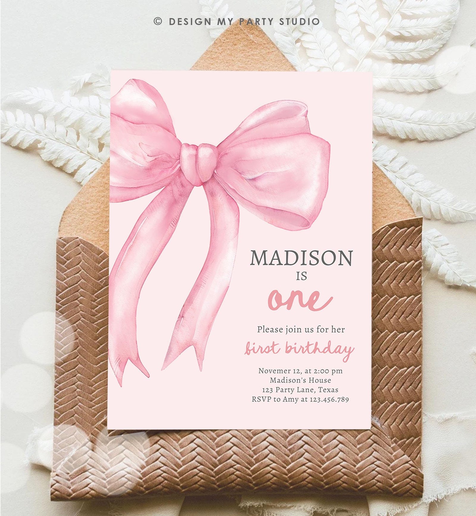 Editable Pink Bow 1st Birthday Invitation First Birthday Pink Coquette Bow Girl Wanna Be One Bow Invite Evite Template Digital Download 0527
