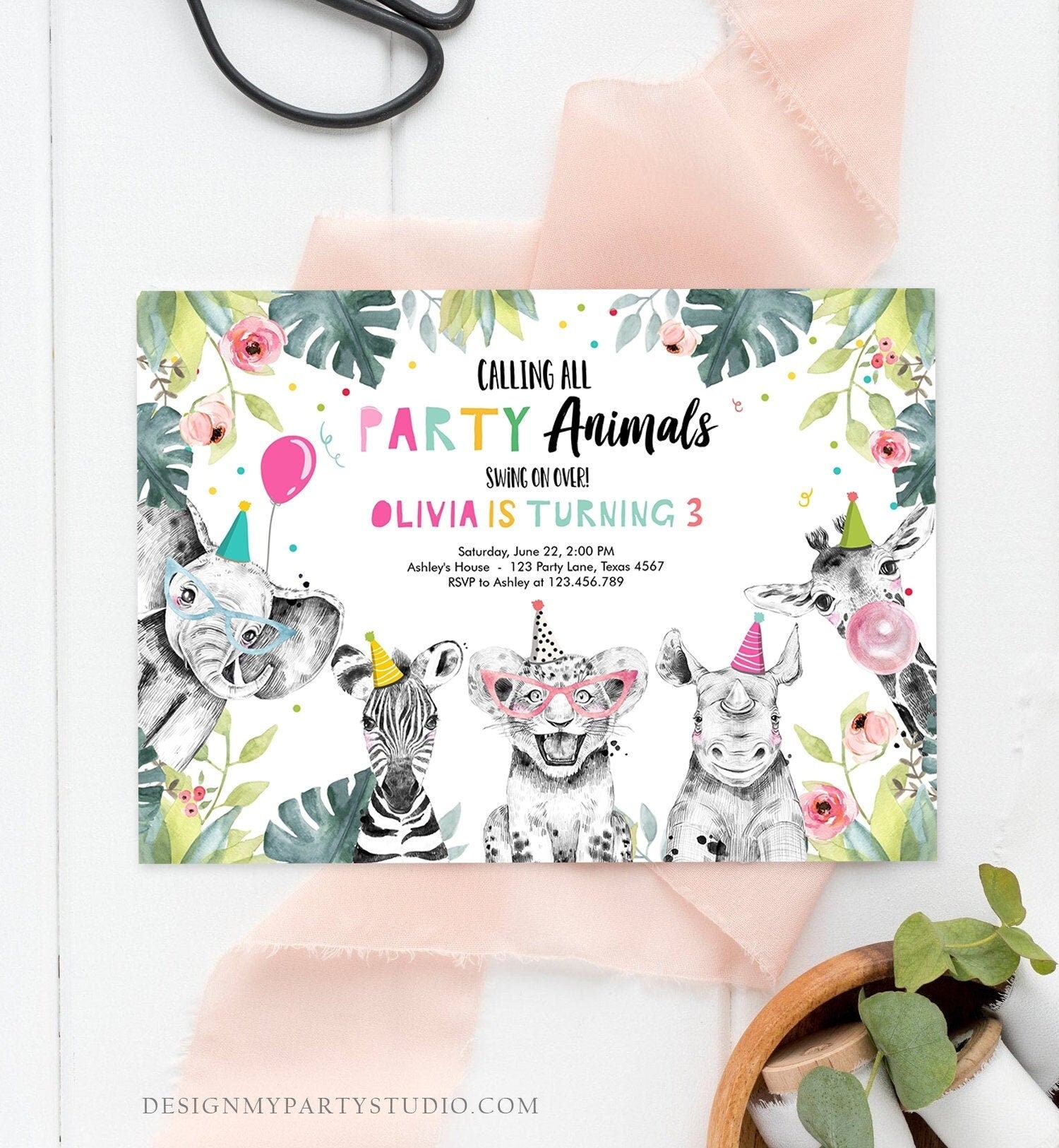 Editable Party Animals Birthday Invitation Wild One Animals Invitation Zoo Safari Animals Girl Digital Download Template Printable 0322