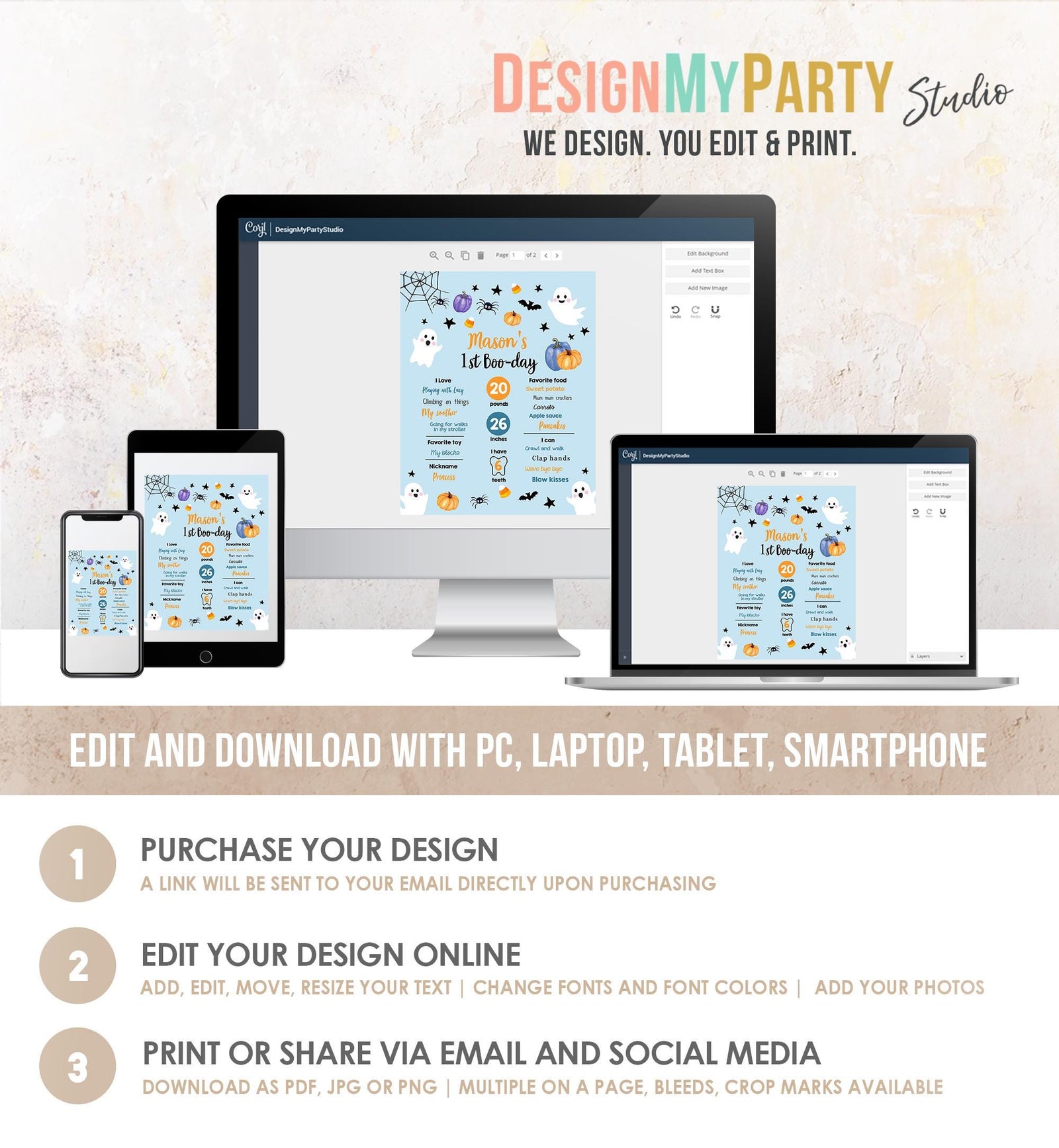 Editable Halloween Birthday Milestones Sign Ghost Spooky One 1st Birthday Spooktacular Blue First Stats Digital Template Printable 0418