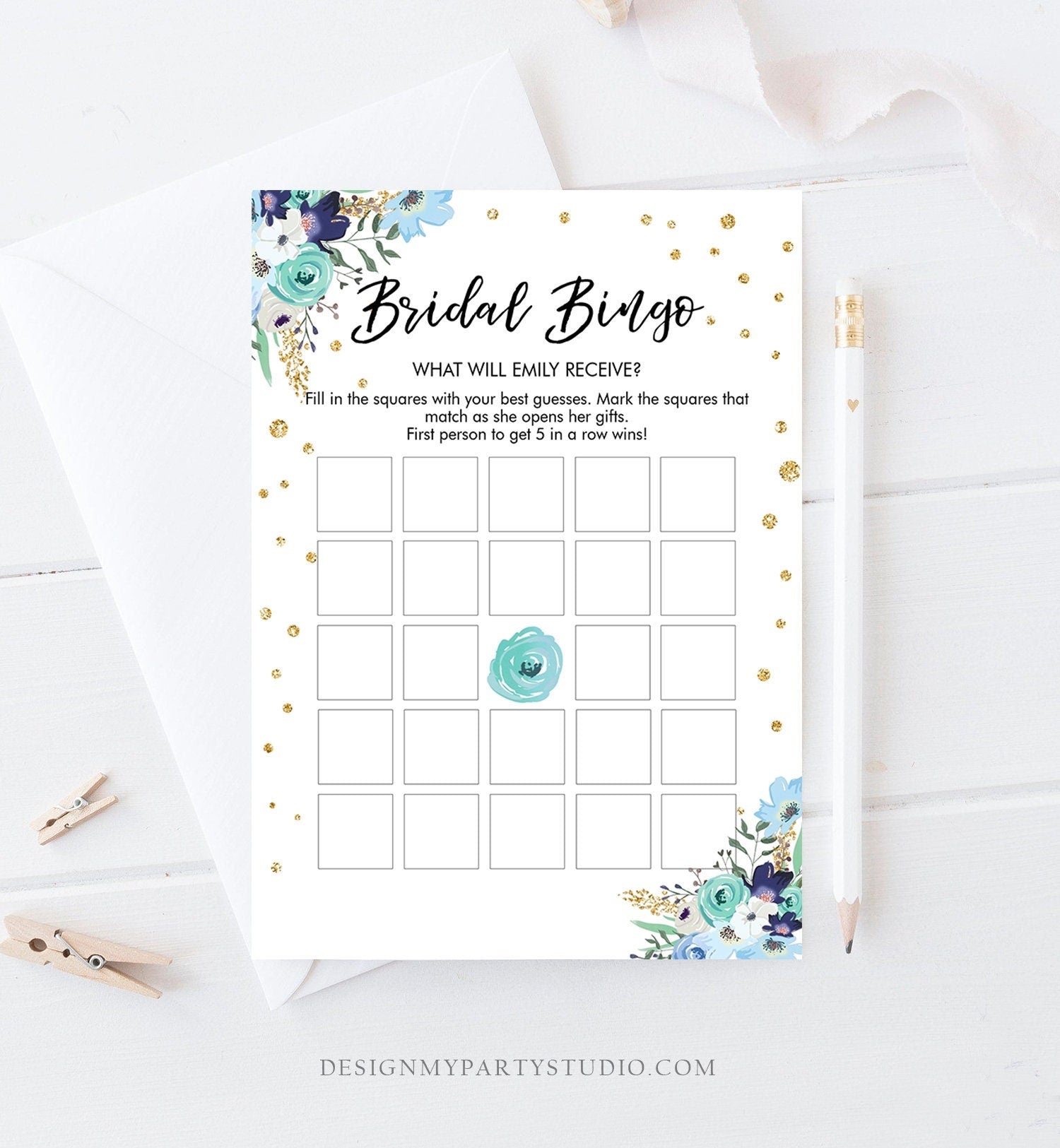 Editable Bingo Bridal Shower Game Wedding Shower Activity Floral Blue Gold Confetti Travel Flowers Digital Download Template Printable 0030