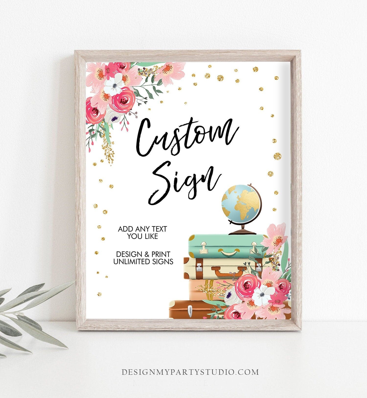 Editable Custom Sign Floral Travel Adventure Bridal Shower Traveling Pink Floral Suitcases Globe Digital Download Template Printable 0030