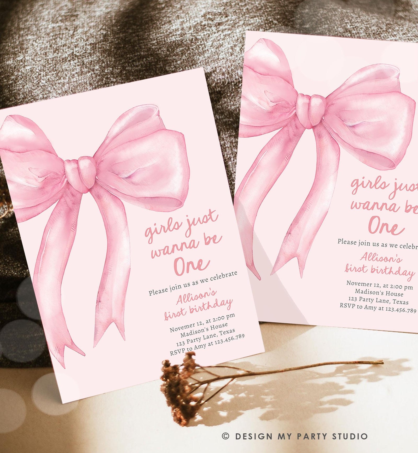 Editable Girls Just Wanna Be One Birthday Invitation Pink Bow 1st Birthday First Preppy Coquette Bow Evite Template Digital Download 0527