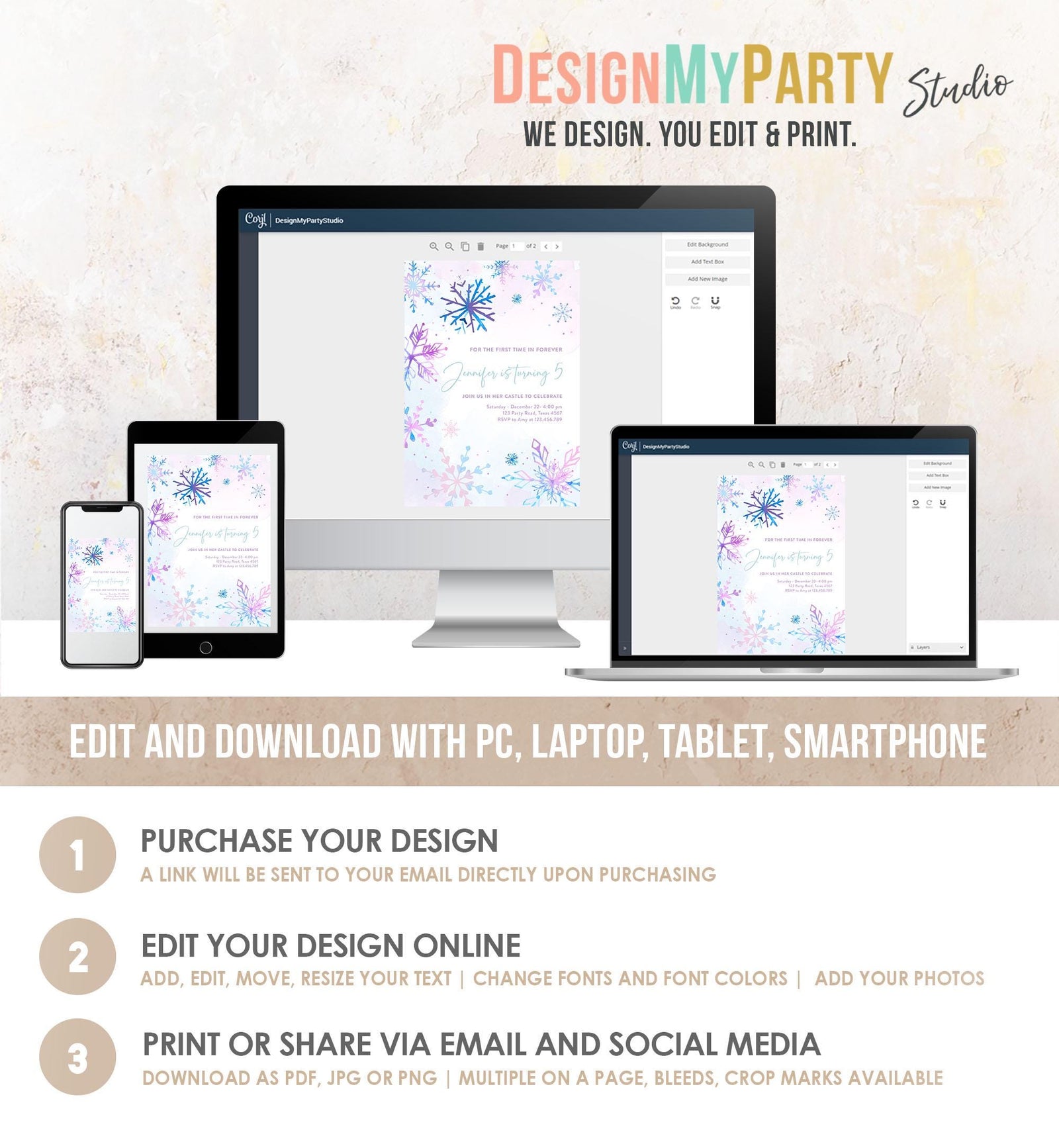 Editable Winter Birthday Invitation Winter Wonderland Onederland Princess First Birthday 1st Girl Pink Purple Snowflake Template Evite 0518