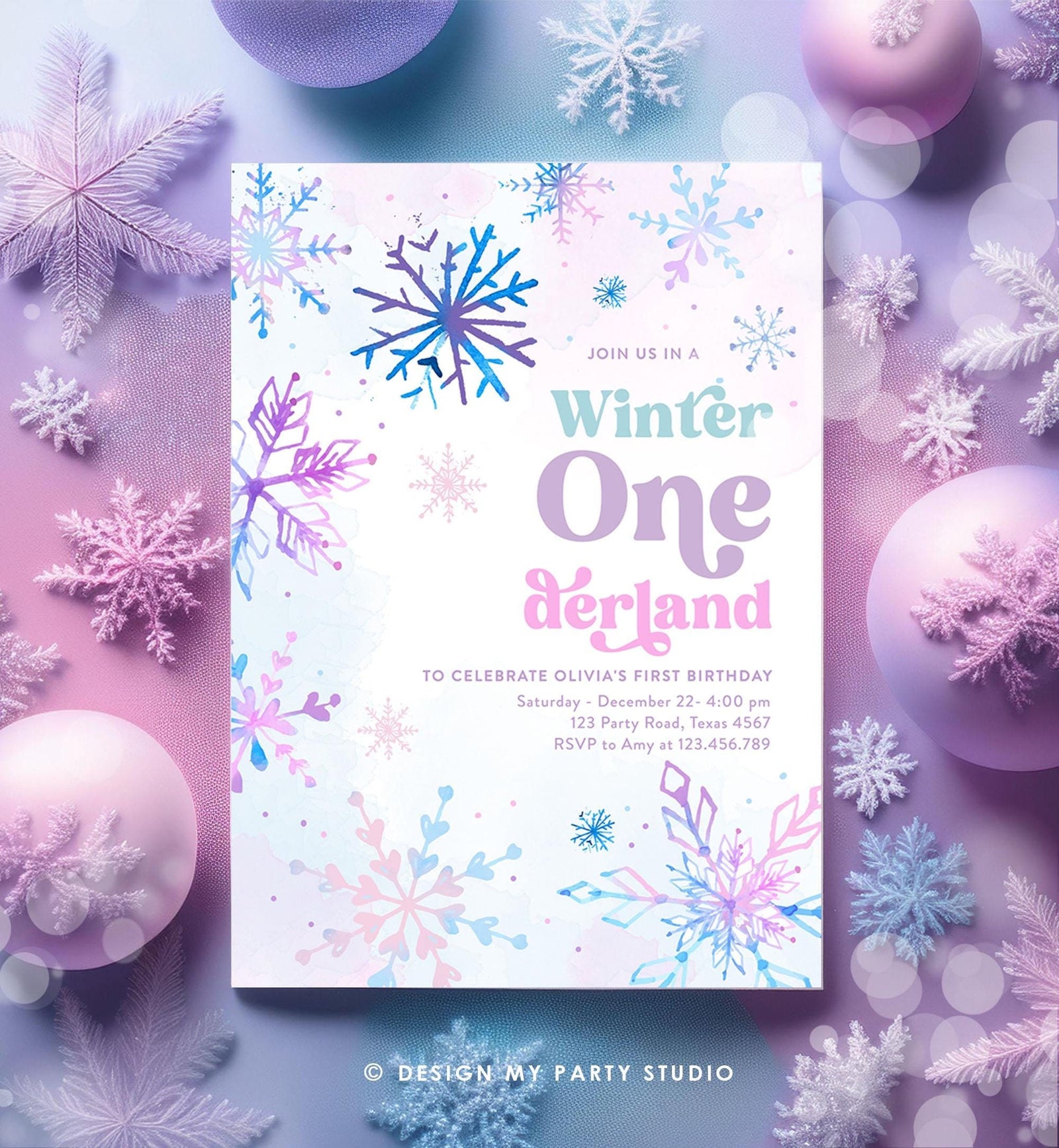 Editable Winter ONEderland Birthday Invitation First Birthday 1st Girl Pink Purple Snowflake Princess Castle Digital Template Evite 0518