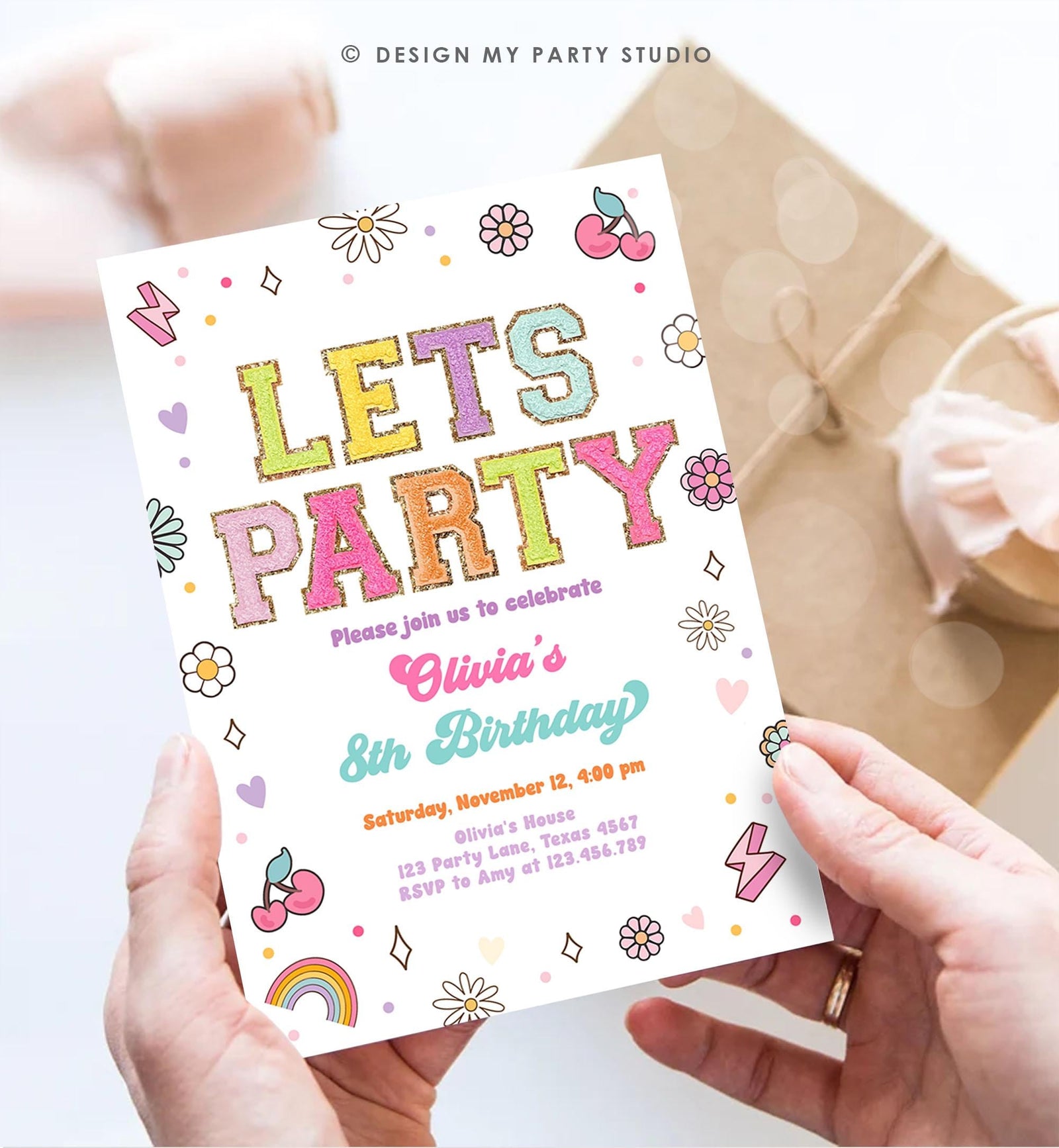 Editable Patch Letters Birthday Party Invitation Varsity Fashion Glitter Preppy Party Let's Party Teen Download Template Evite Digital 0528