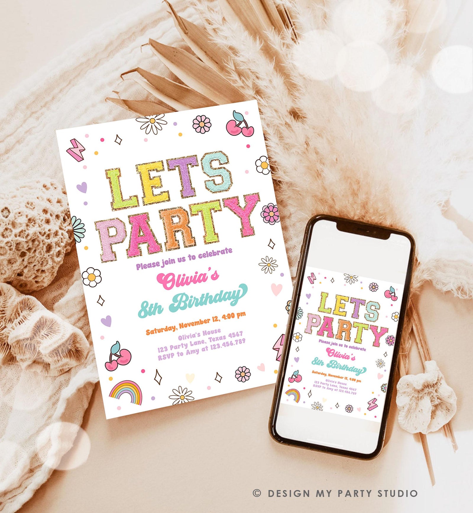 Editable Patch Letters Birthday Party Invitation Varsity Fashion Glitter Preppy Party Let's Party Teen Download Template Evite Digital 0528
