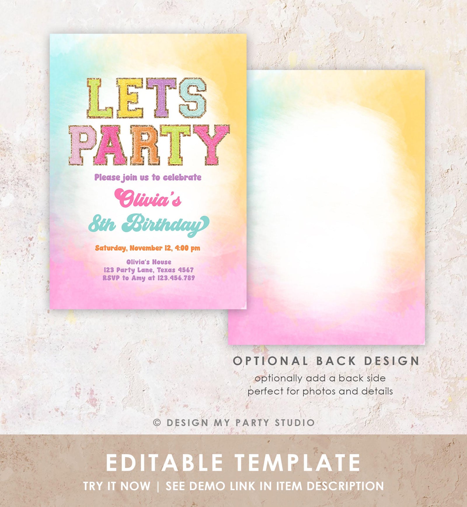 Editable Patch Letters Birthday Party Invitation Varsity Fashion Glitter Preppy Party Let's Party Teen Download Template Evite Digital 0528