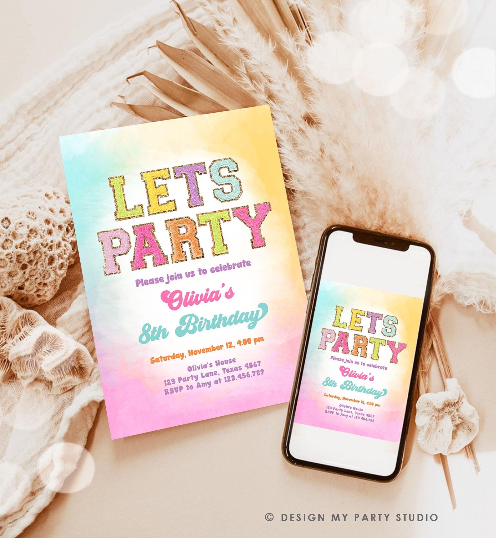 Editable Patch Letters Birthday Party Invitation Varsity Fashion Glitter Preppy Party Let's Party Teen Download Template Evite Digital 0528