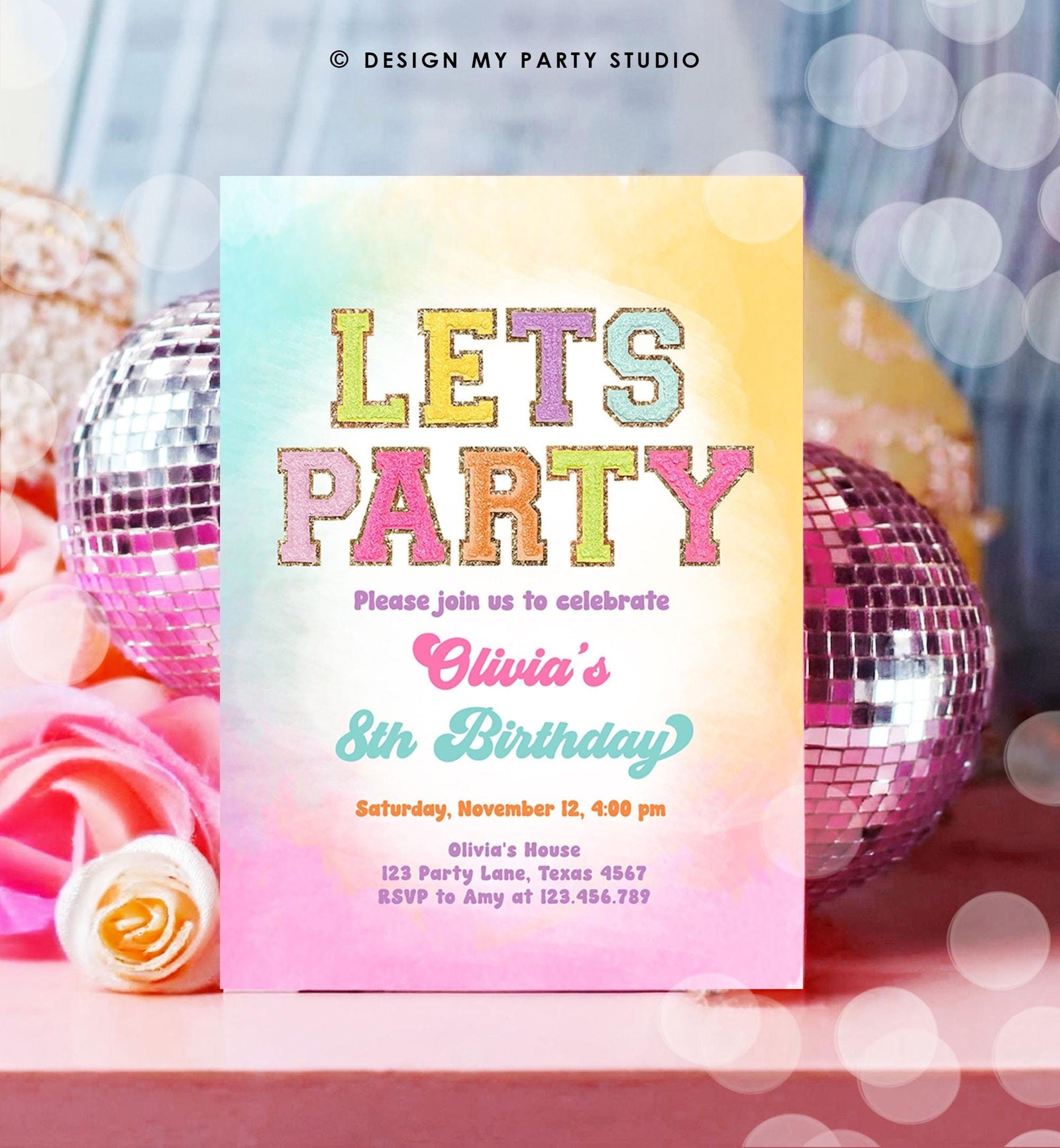Editable Patch Letters Birthday Party Invitation Varsity Fashion Glitter Preppy Party Let's Party Teen Download Template Evite Digital 0528