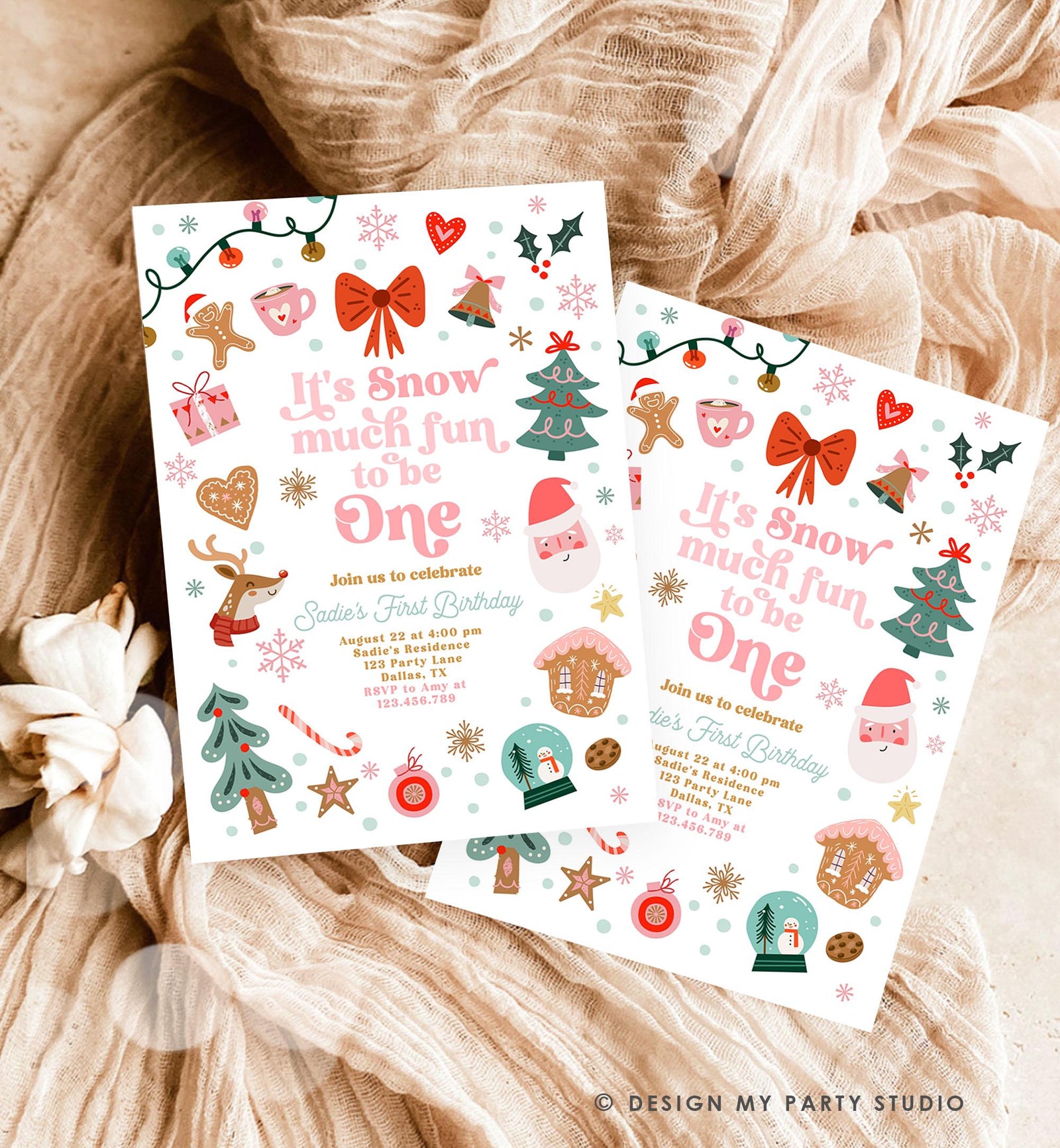 Editable Snow Much Fun To Be One Christmas Birthday Party Invitation Pink Girl Winter 1st Birthday Evite Template Download Printable 0529